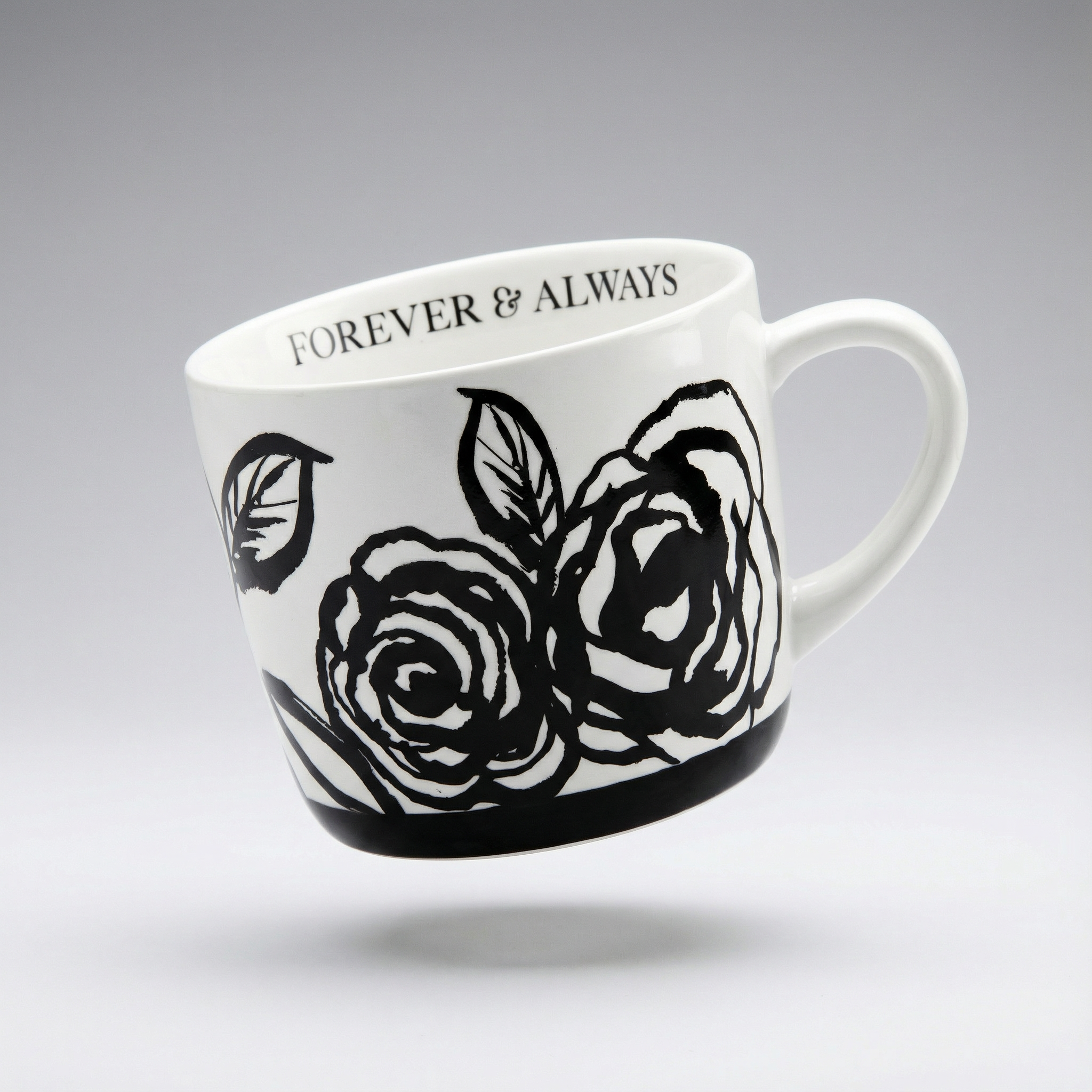 Forever & Always Mug in White with Black Floral Artwork | Giftable Coffee Tea Cup | 15oz