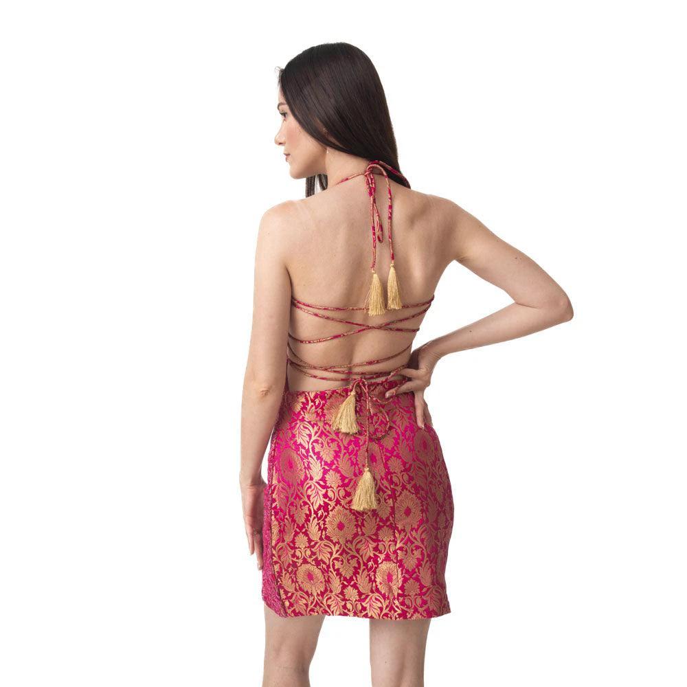 Evangeline Fuchsia Pink Short Dress with Hand Embroidery by Raas