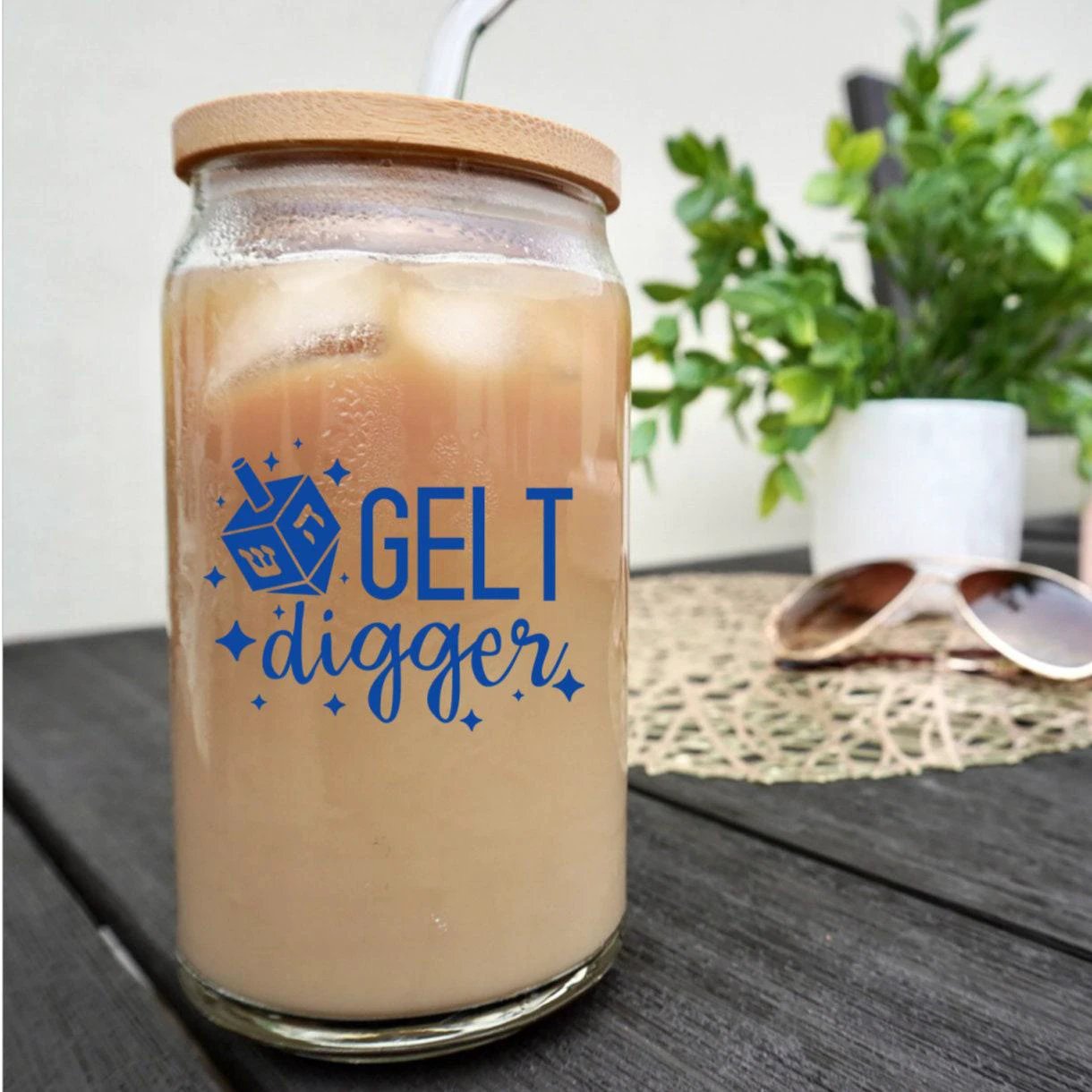 Gelt Digger Glass Can Cup for Chanukah by Salt Sparkle Shalom