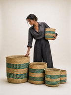 African Iringa woven basket with Turquoise Stripe