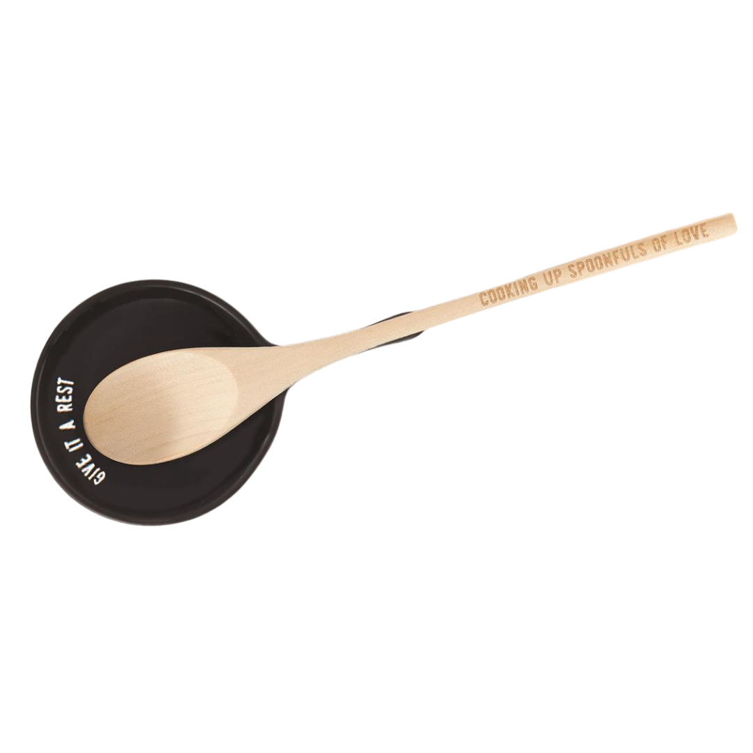 Giftable Wooden Spoon and Cast Iron Spoon Rest Set with Cute Sayings