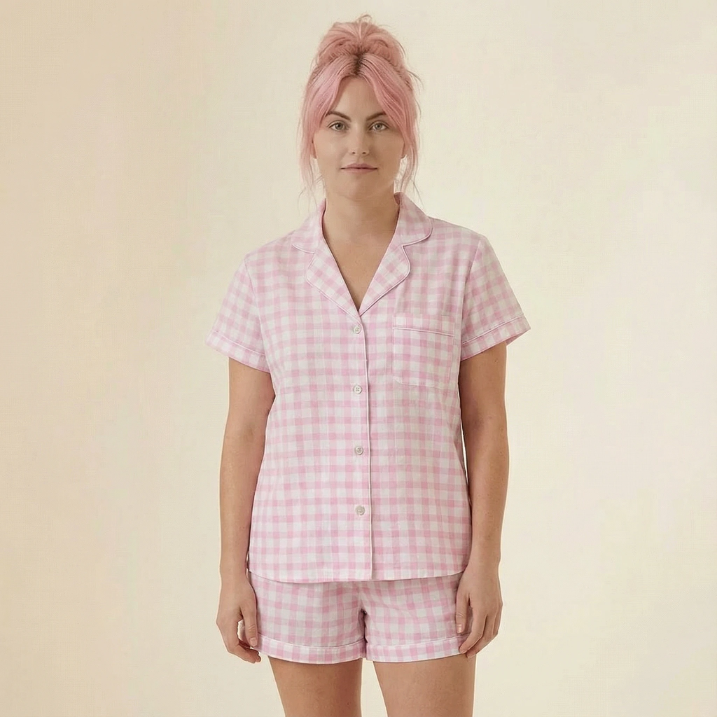 Gingham Pajamas Short Set in Pink | Button Top and Shorts Sleepwear [Sizes SM-L] by The Bullish Store