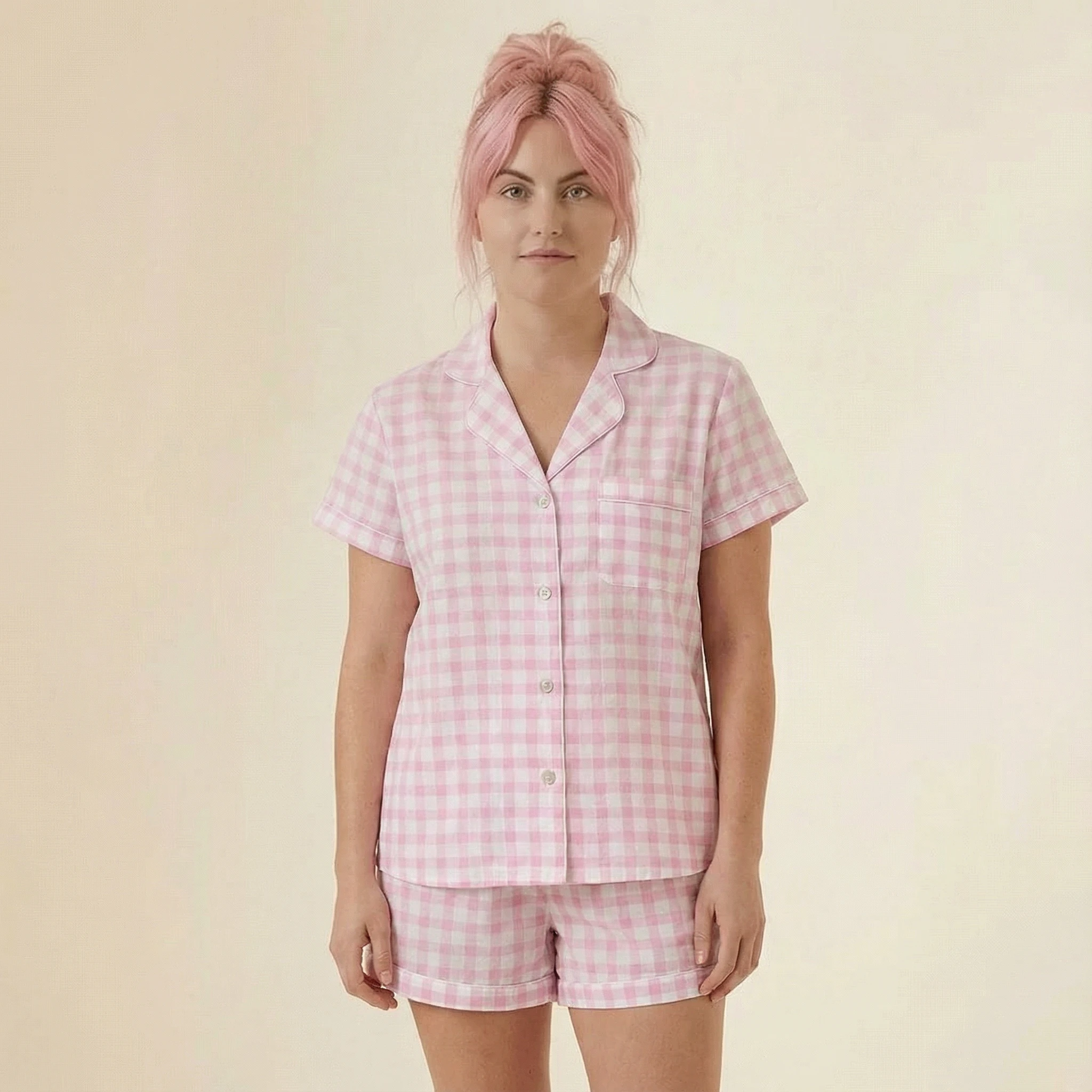 Gingham Pajamas Short Set in Pink | Button Top and Shorts Sleepwear [Sizes SM-L] by The Bullish Store