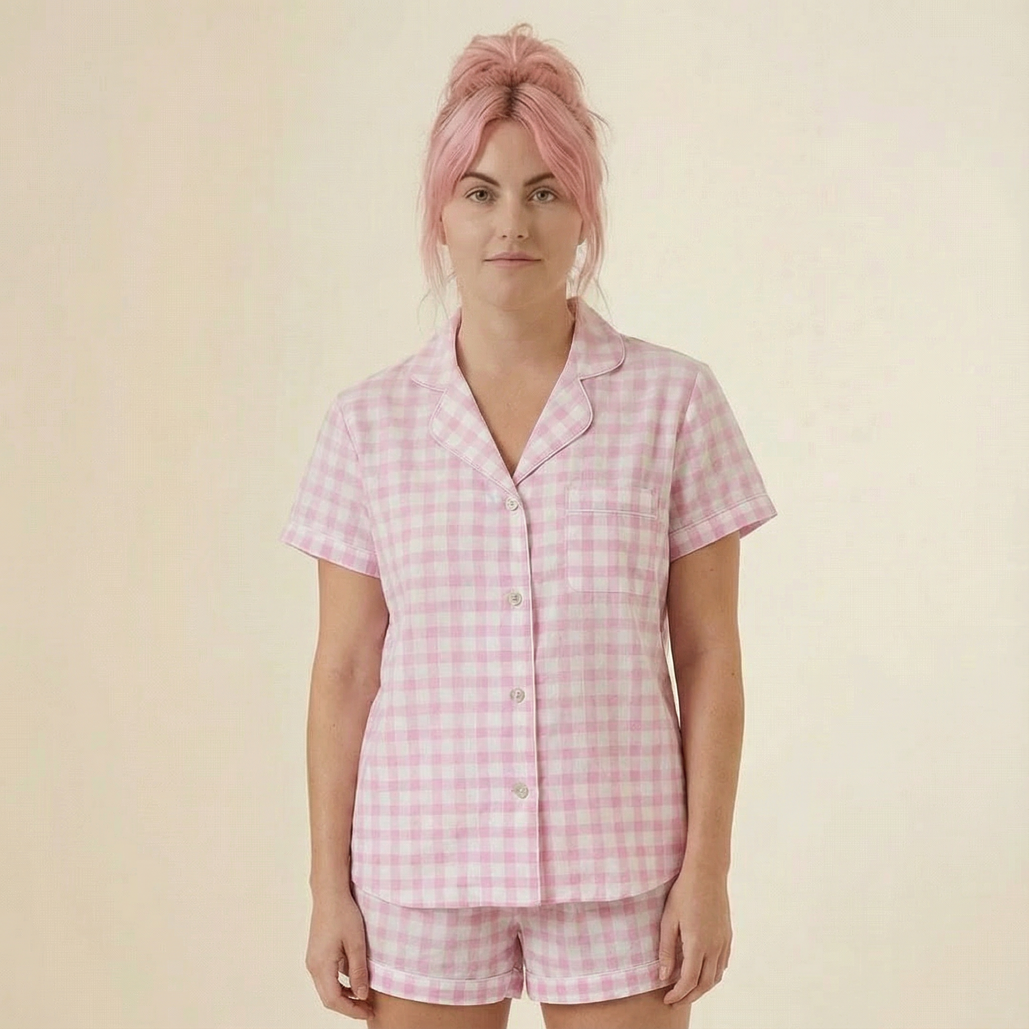 Gingham Pajamas Short Set in Pink | Button Top and Shorts Sleepwear [Sizes SM-L]