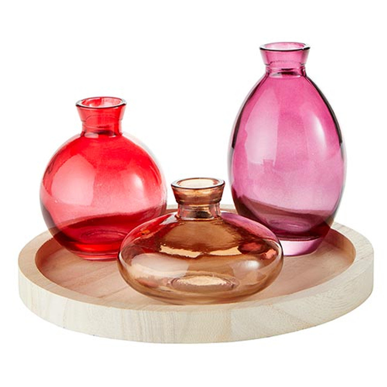 Glass Flower Vases on Wooden Round Plate Tray in Set of 3 | Decorative Bud Vase Home Decor