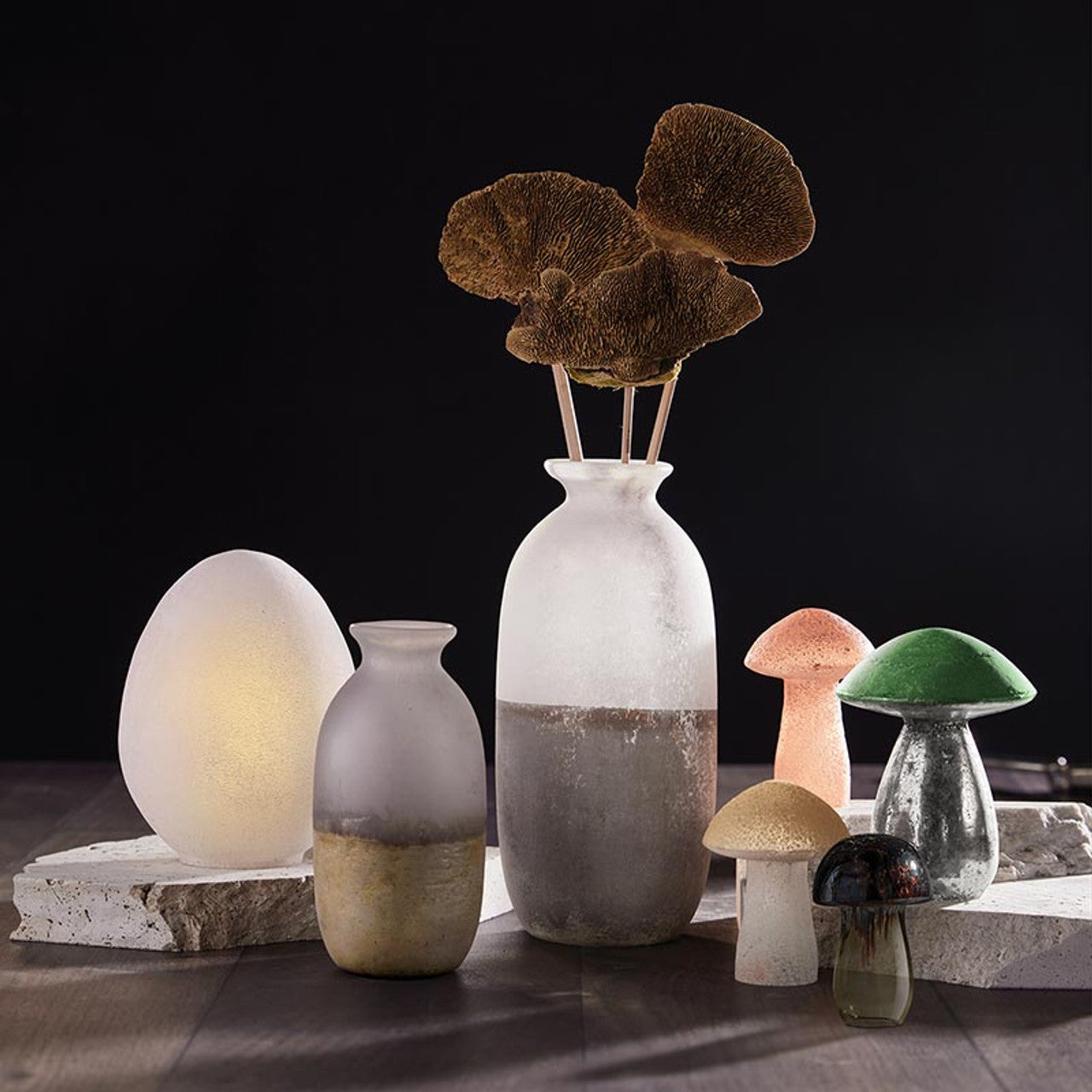 Glass Mushrooms in Set of 4 | Glass Figurines Sculpture for Indoor/Outdoor Decor