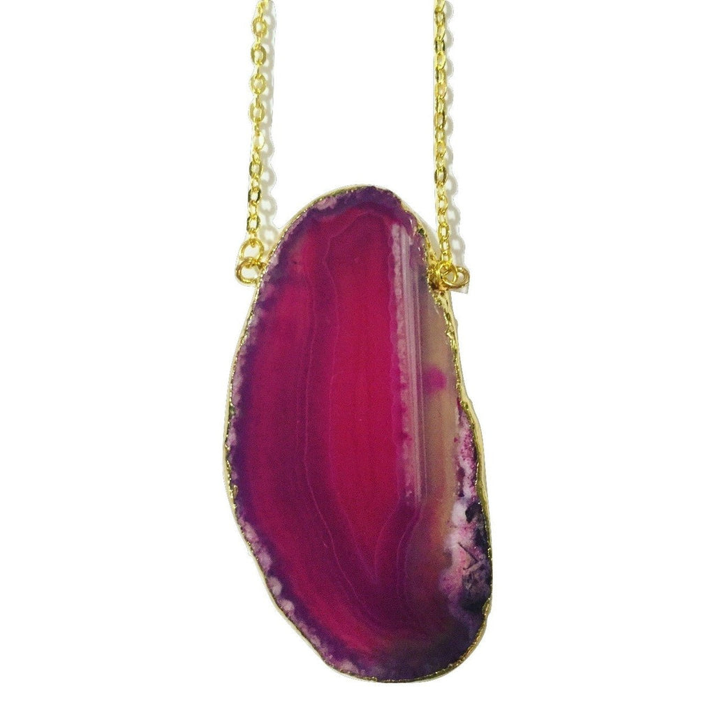 Gold Plated Agate Slice Necklace in Hot Pink