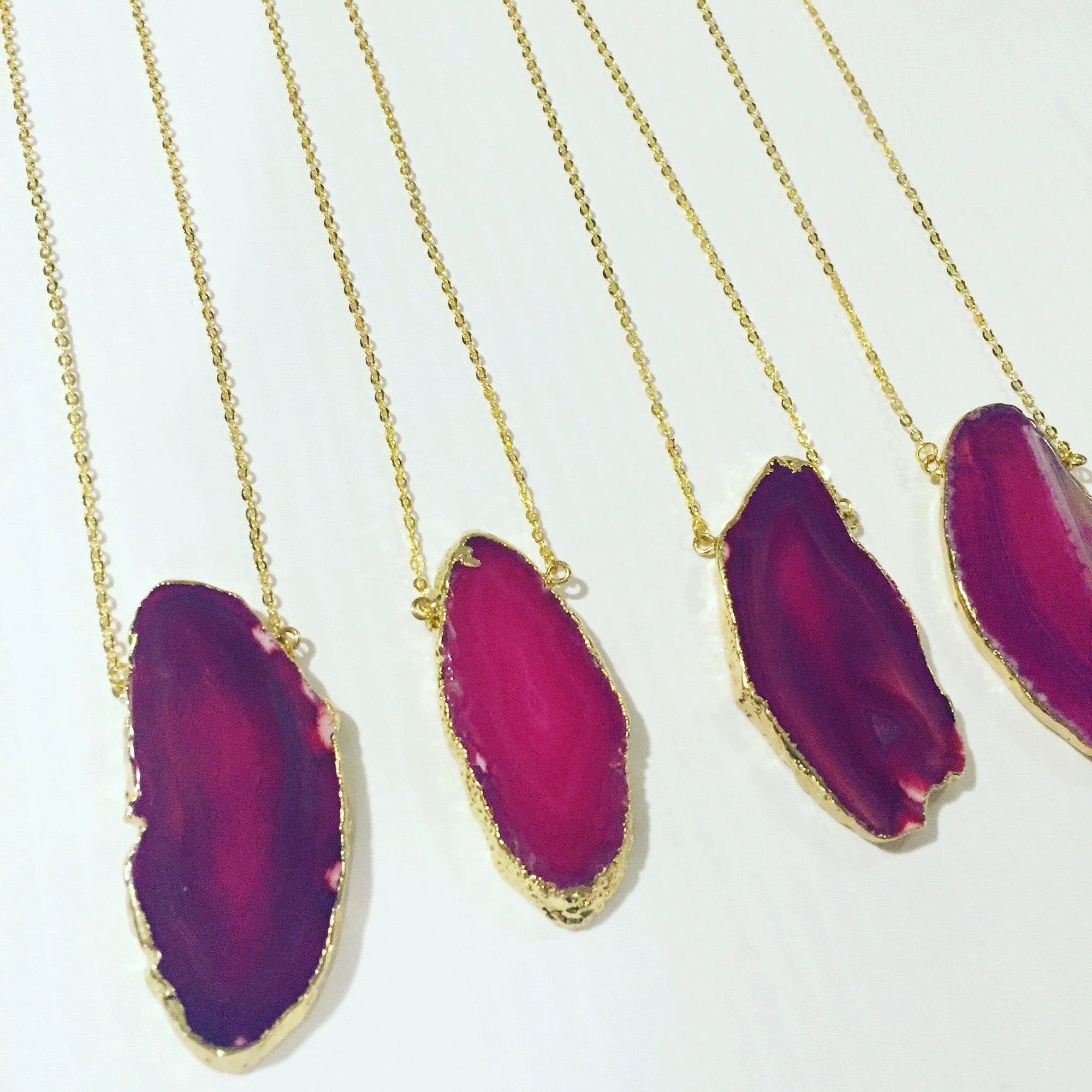 Gold Plated Agate Slice Necklace in Hot Pink by The Bullish Store
