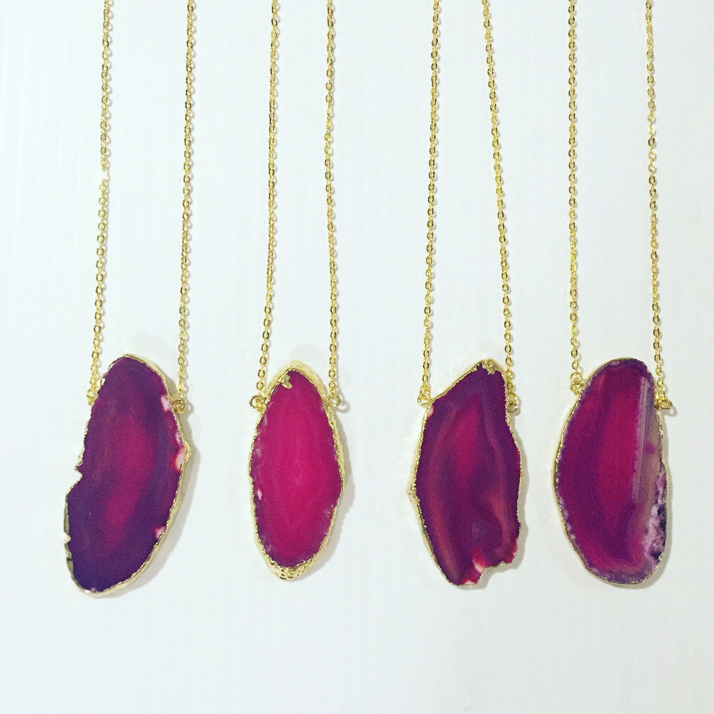 Gold Plated Agate Slice Necklace in Hot Pink