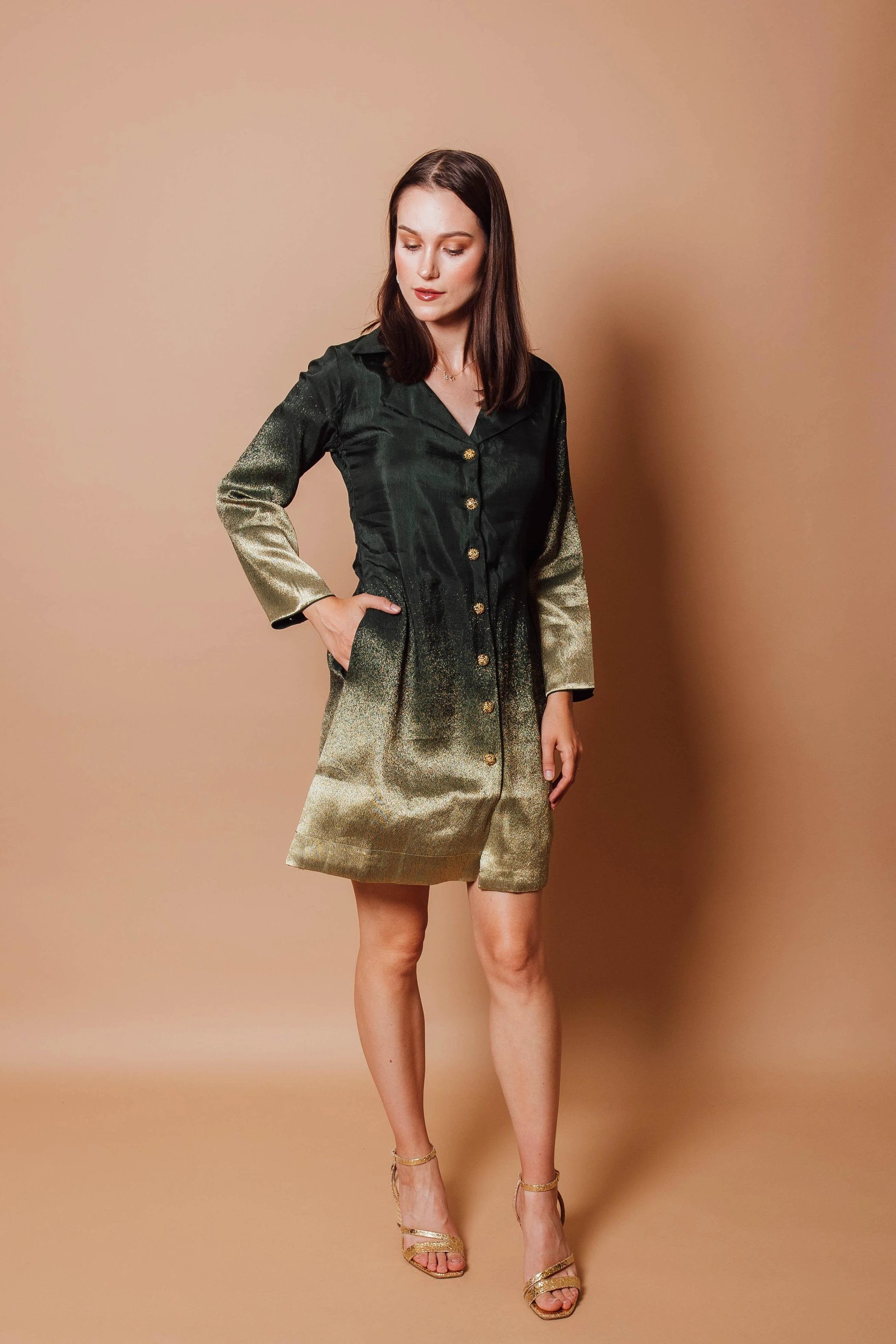 Ramona Green Blazer Dress with Jacquard Silk by Raas