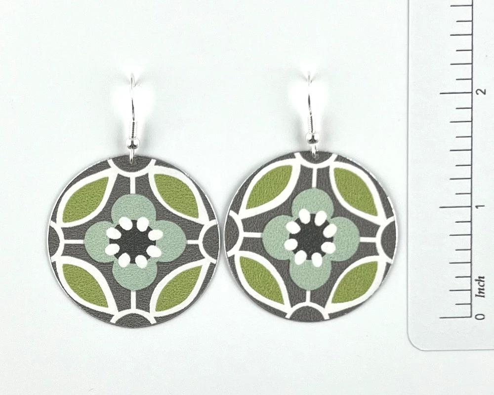 Groovy Green and Grey Flower Print Earrings by Gracie Nicole
