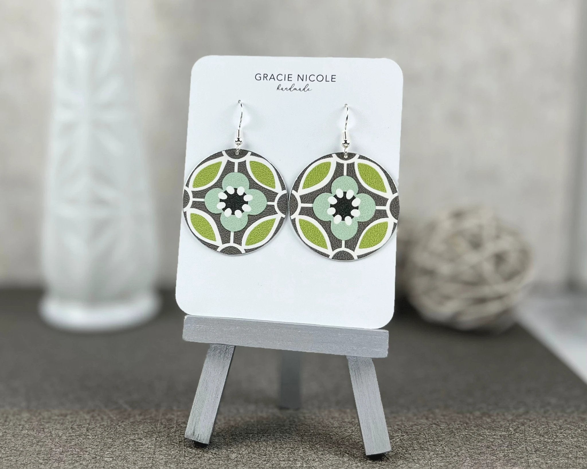 Groovy Green and Grey Flower Print Earrings by Gracie Nicole