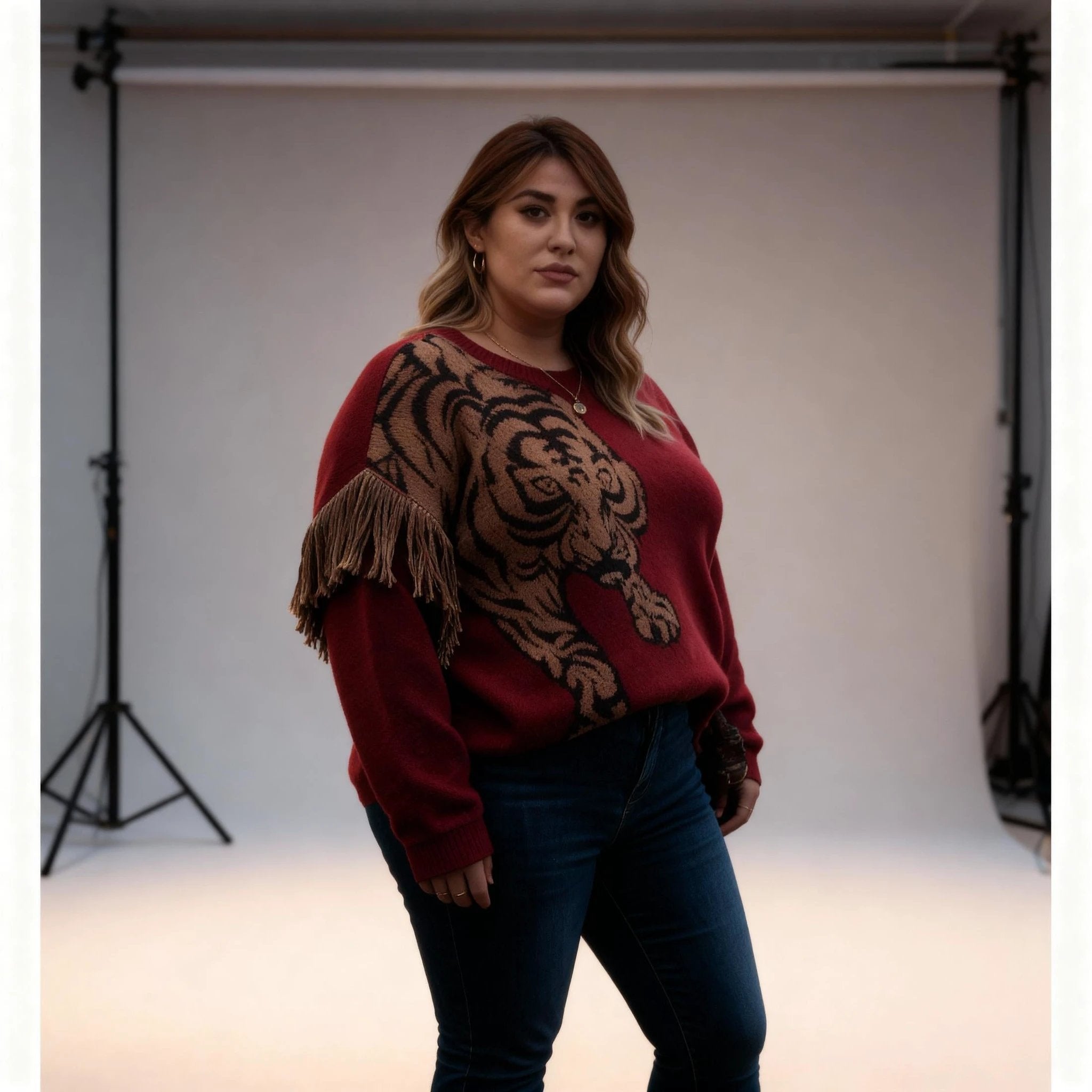 Grrr! Fringed Tiger Sweater in Green or Red [Sizes M-XL] by The Bullish Store