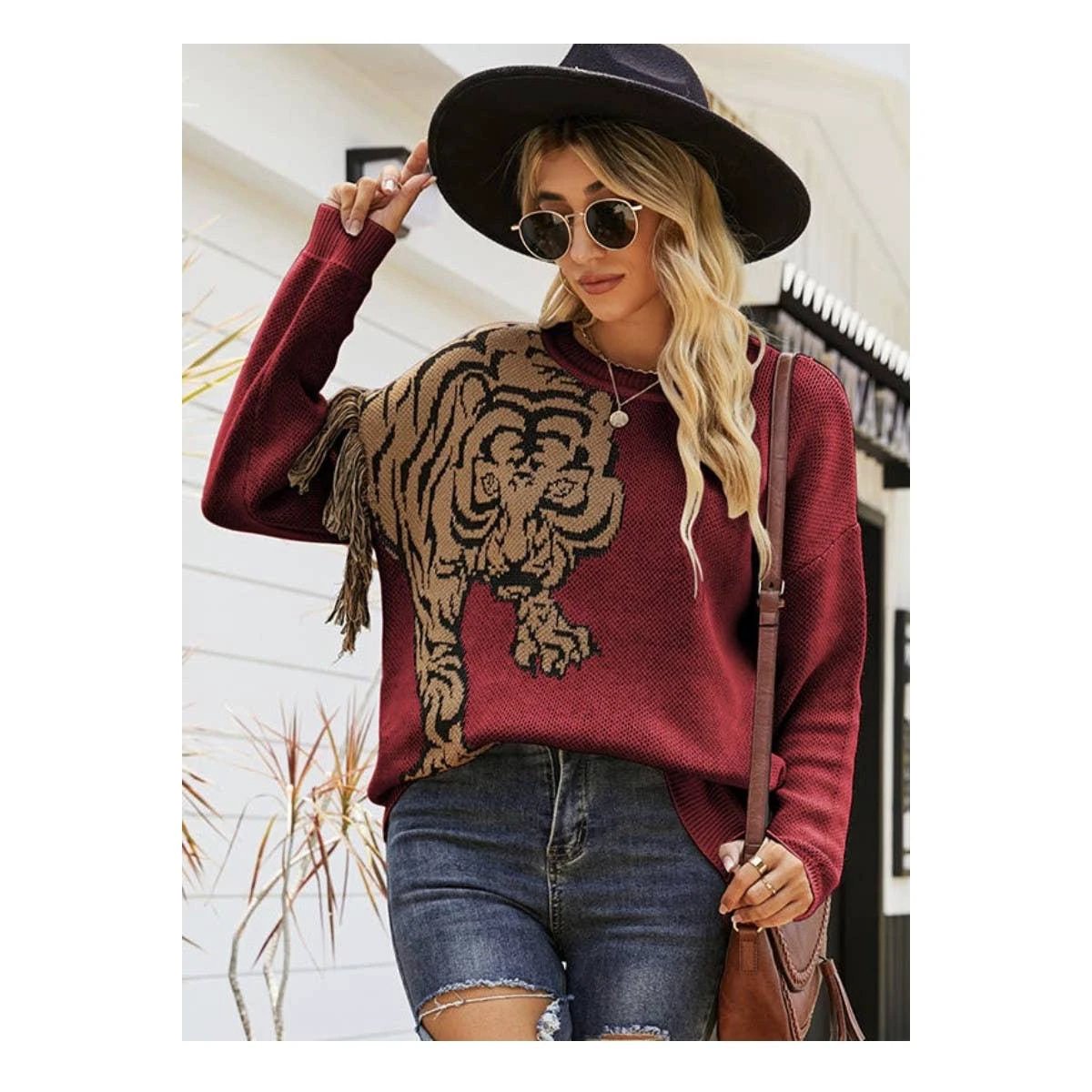 Grrr! Fringed Tiger Sweater in Green or Red [Sizes M-XL] by The Bullish Store