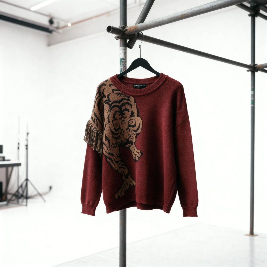 Grrr! Fringed Tiger Sweater in Green or Red [Sizes M-XL] by The Bullish Store