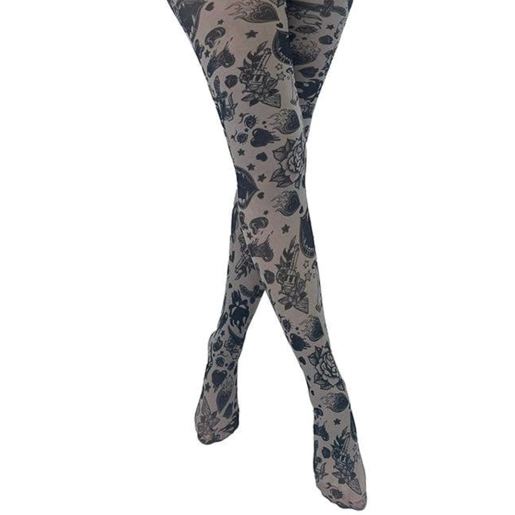 Grunge and Roses Printed Tights in Gray [Sizes Through US 14] by The Bullish Store