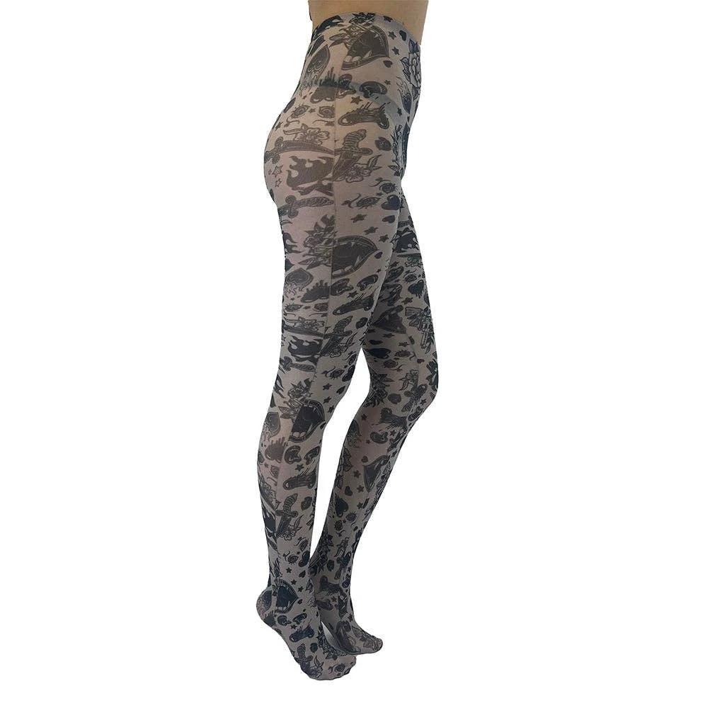 Grunge and Roses Printed Tights in Gray [Sizes Through US 14] by The Bullish Store