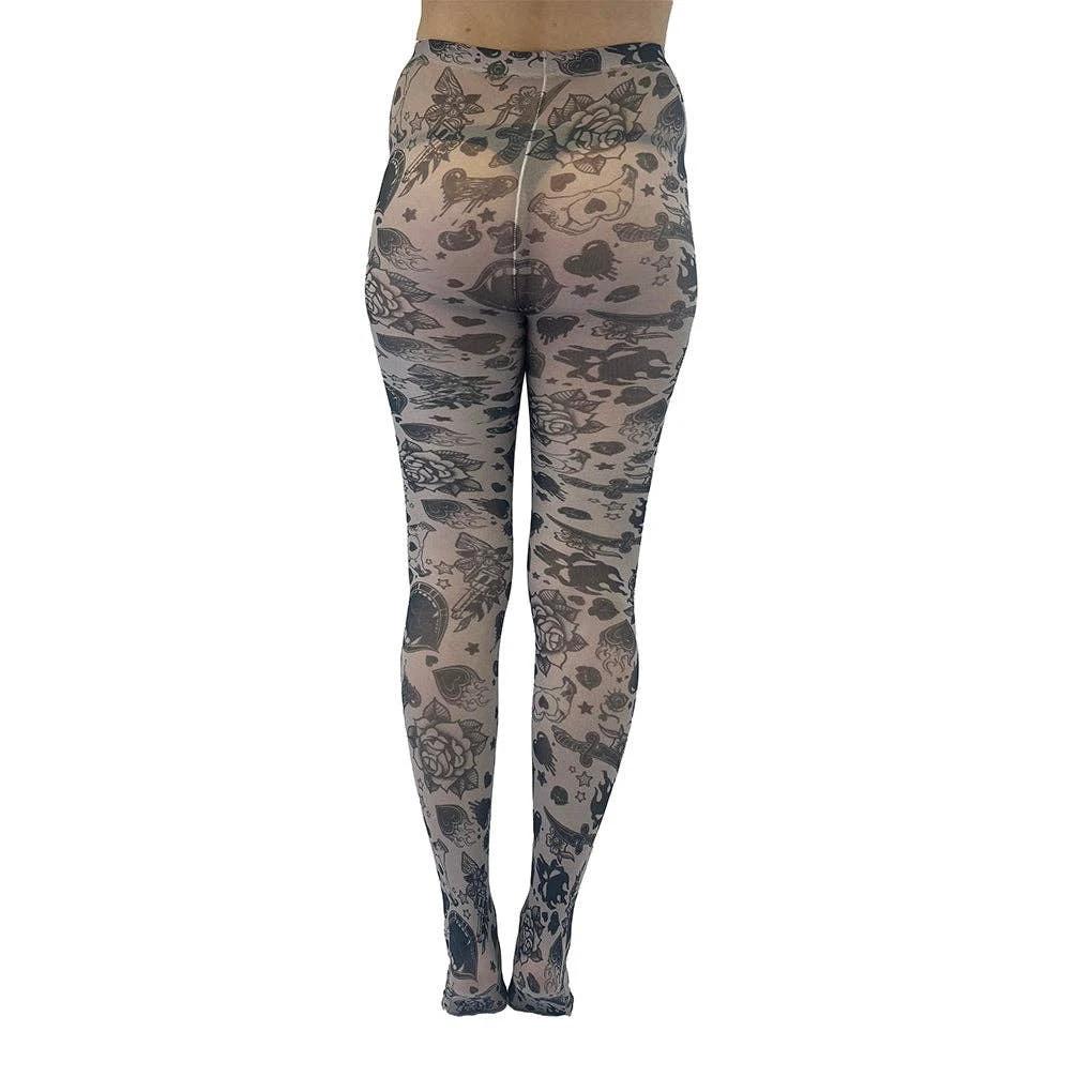 Grunge and Roses Printed Tights in Gray [Sizes Through US 14] by The Bullish Store