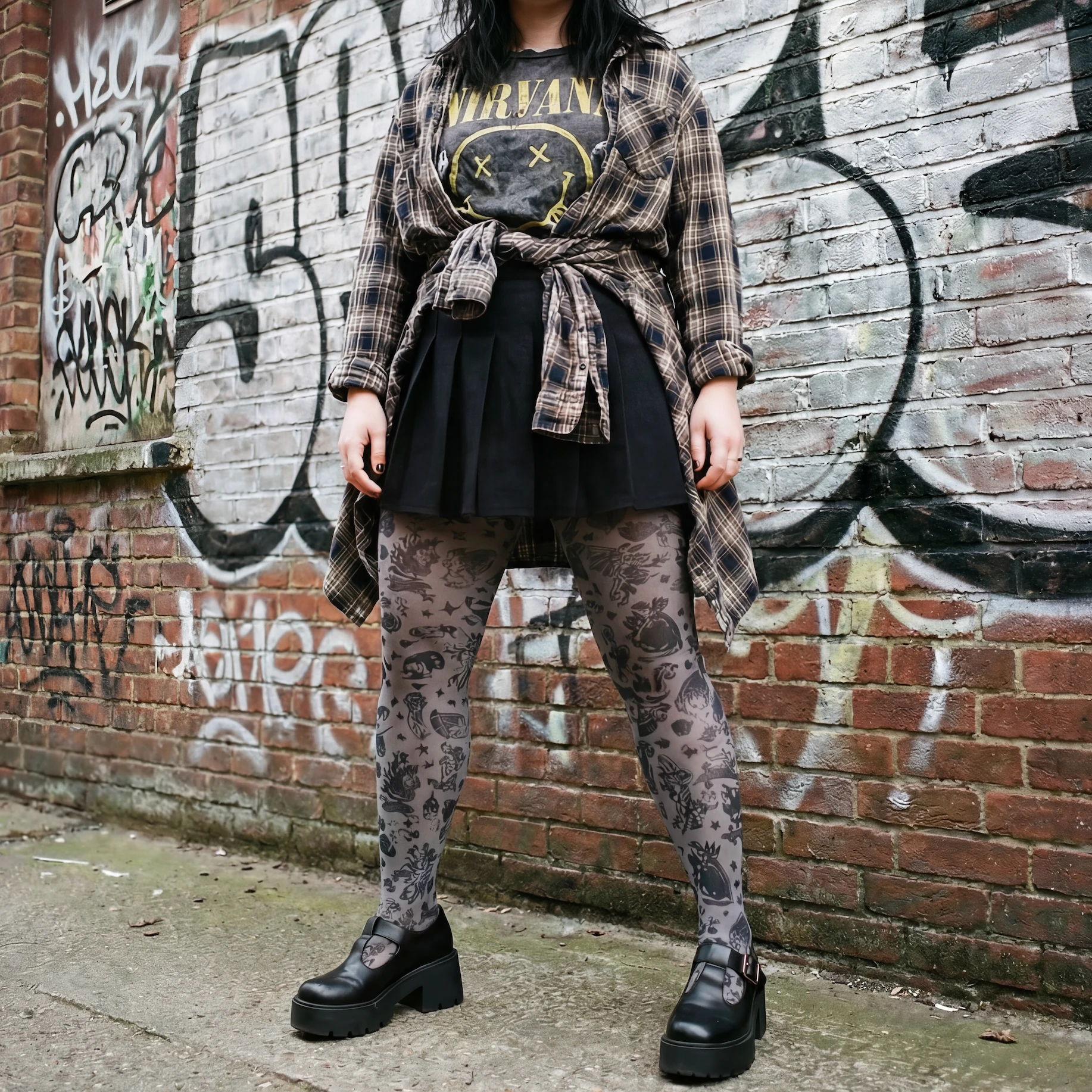 Grunge and Roses Printed Tights in Gray [Sizes Through US 14] by The Bullish Store