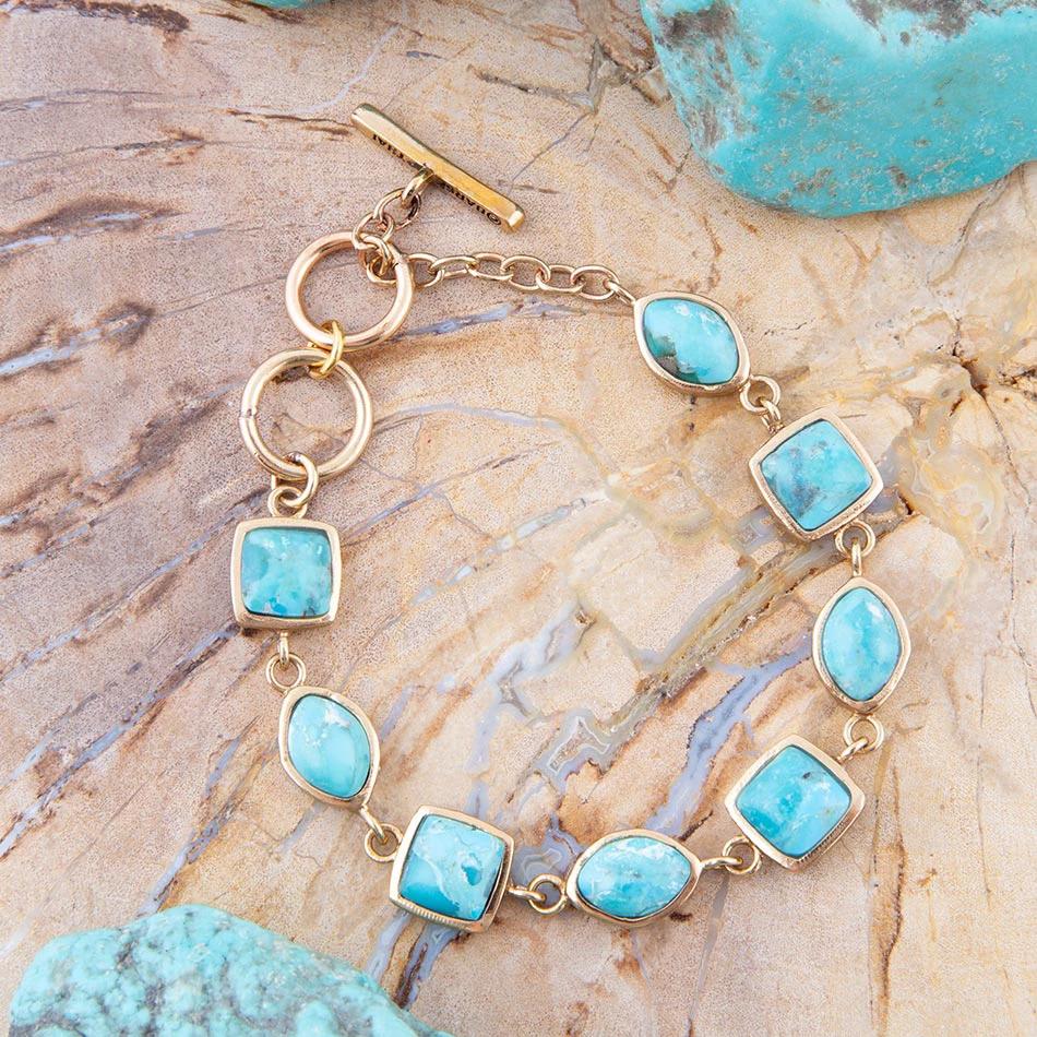 Genuine Blue Turquoise Hammered Golden Link Bracelet by Barse Jewelry