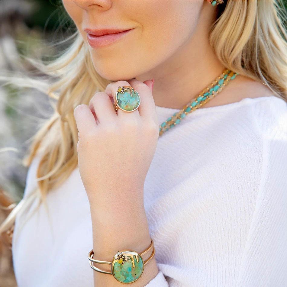 Honey Bee Blue Turquoise Golden Cuff Bracelet by Barse Jewelry