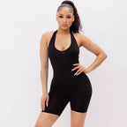 Halter Neck No Sleeve Solid Biker Short Romper | Sleeveless Backless One-piece Bodysuit Active Wear [Available in Sizes SM-L] by The Bullish Store