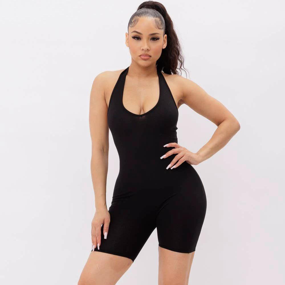 Halter Neck No Sleeve Solid Biker Short Romper | Sleeveless Backless One-piece Bodysuit Active Wear [Available in Sizes SM-L] by The Bullish Store