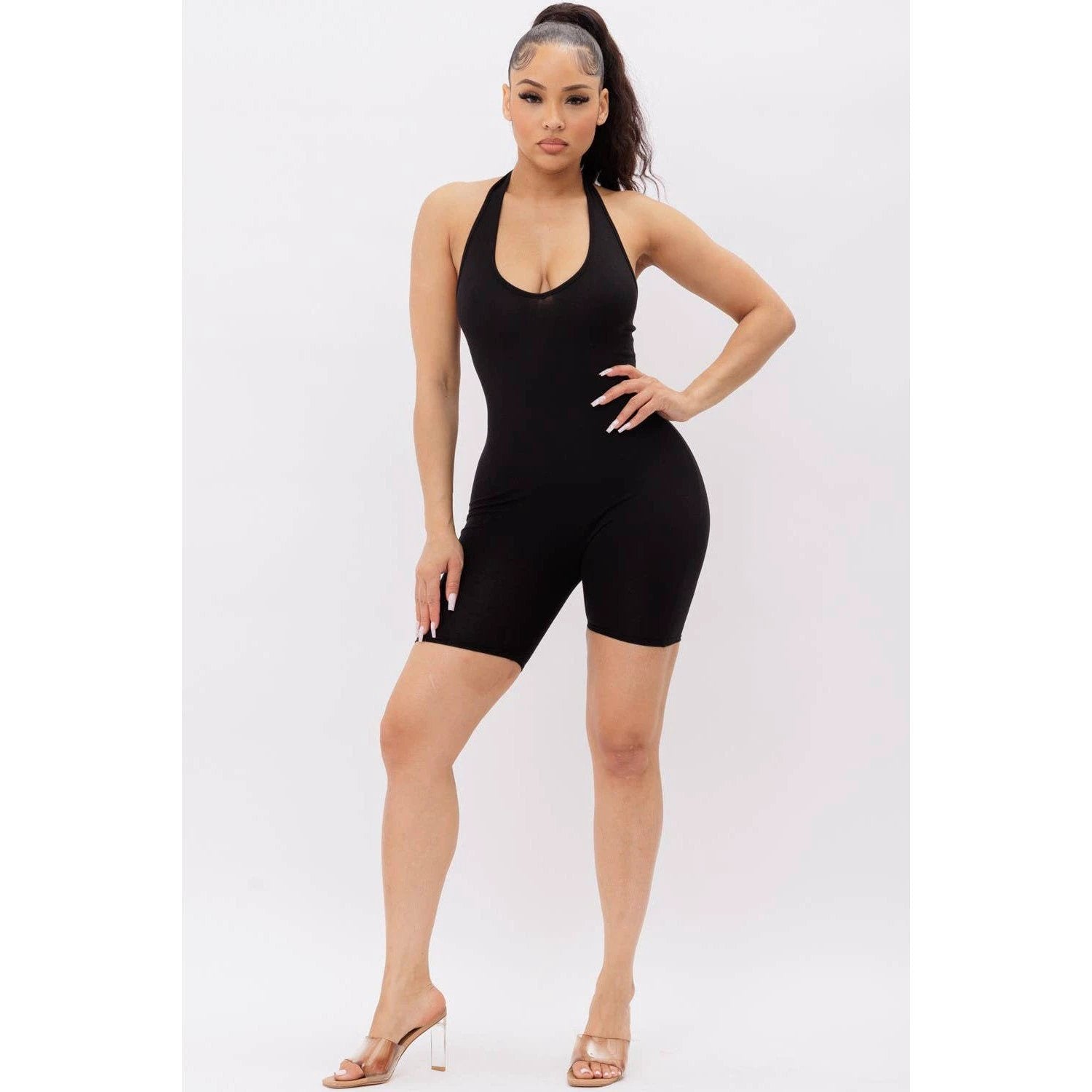 Halter Neck No Sleeve Solid Biker Short Romper | Sleeveless Backless One-piece Bodysuit Active Wear [Available in Sizes SM-L] by The Bullish Store