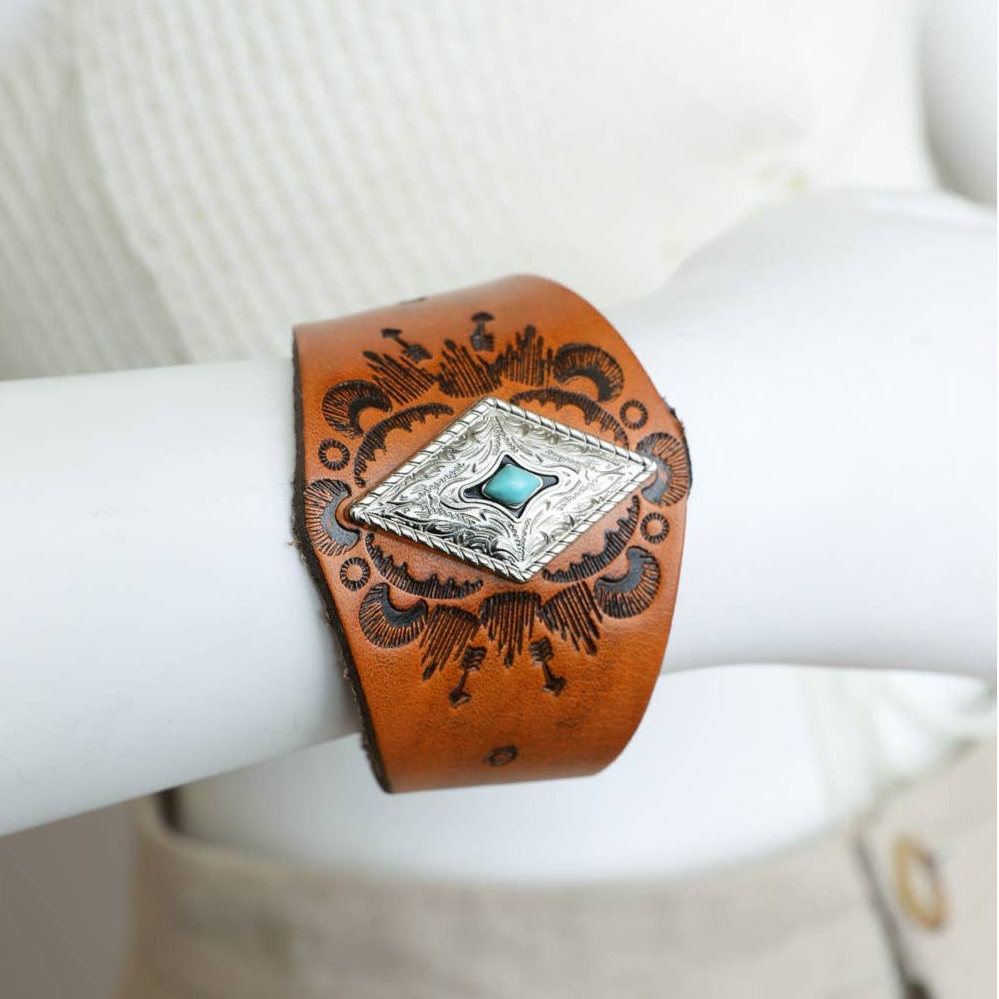Handcrafted Diamond Piece Leather Cuff Bracelet | Boho Chic Fashion Jewelry | Snap Closure One-size