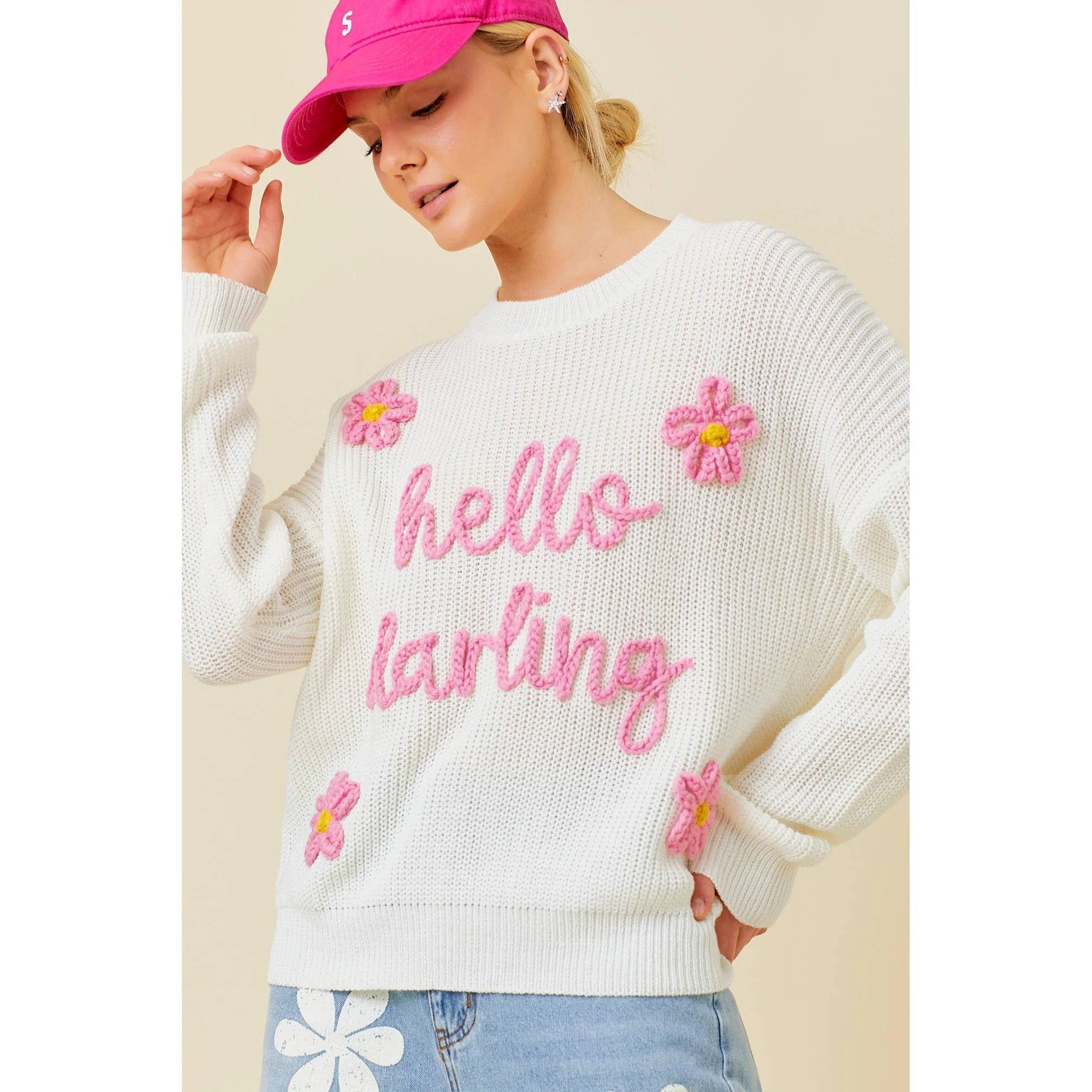 Hello Darling Flower Trim Sweater | Comfy Vintage Knit Sweatshirt [Size SM Remaining] by The Bullish Store