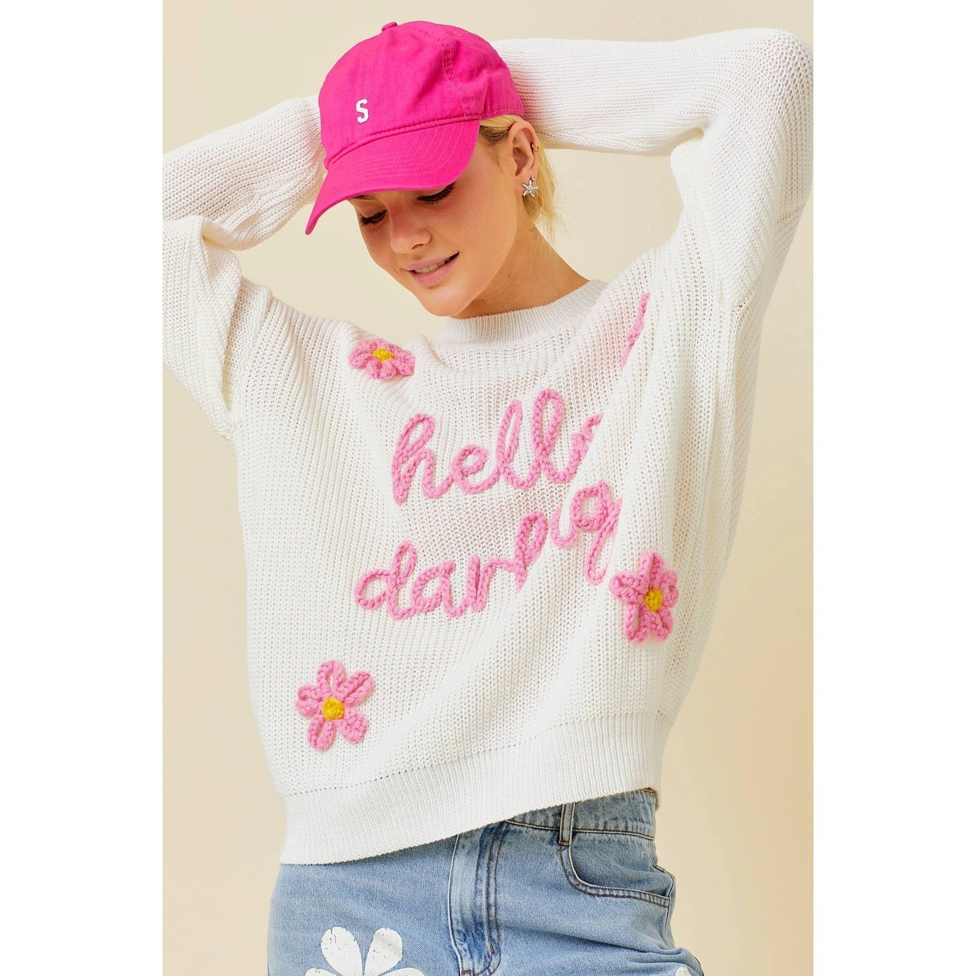 Hello Darling Flower Trim Sweater | Comfy Vintage Knit Sweatshirt [Size SM Remaining] by The Bullish Store