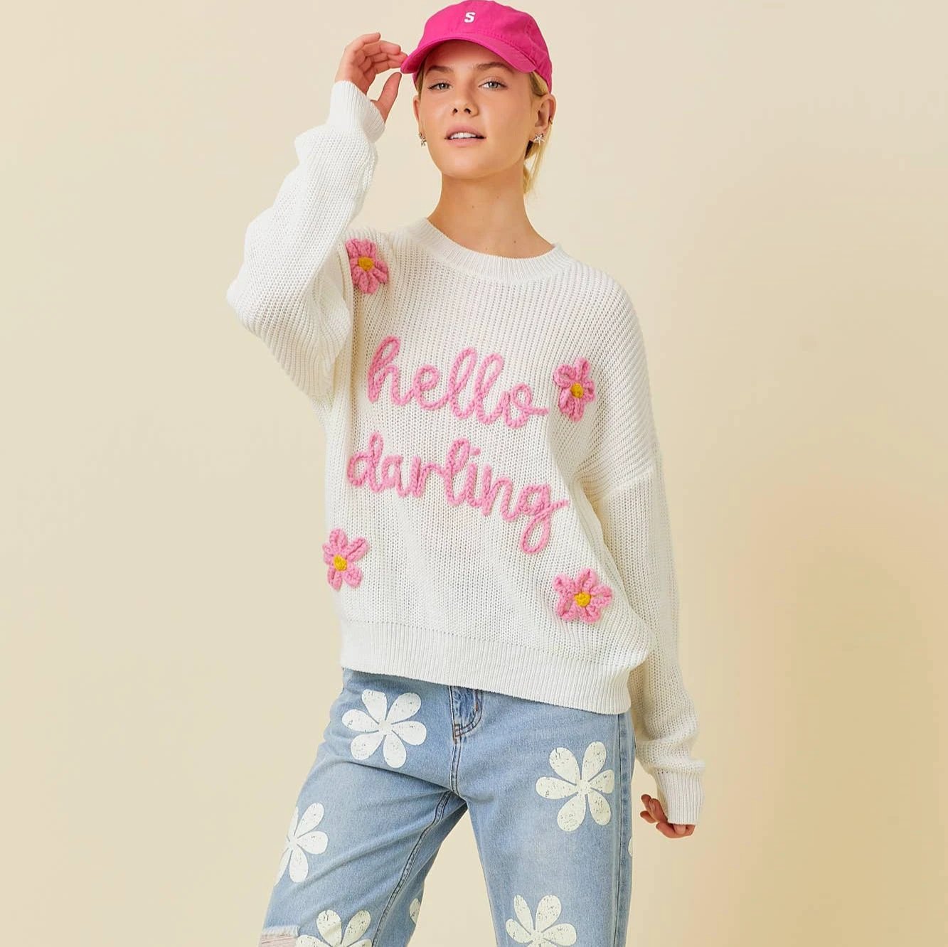 Hello Darling Flower Trim Sweater | Comfy Vintage Knit Sweatshirt [Size SM Remaining] by The Bullish Store