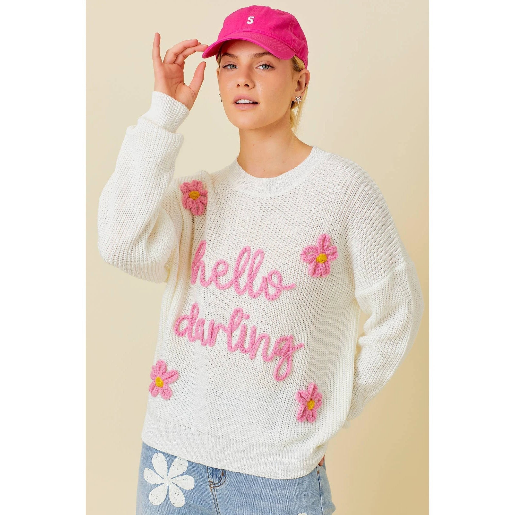 Hello Darling Flower Trim Sweater | Comfy Vintage Knit Sweatshirt [Size SM Remaining] by The Bullish Store