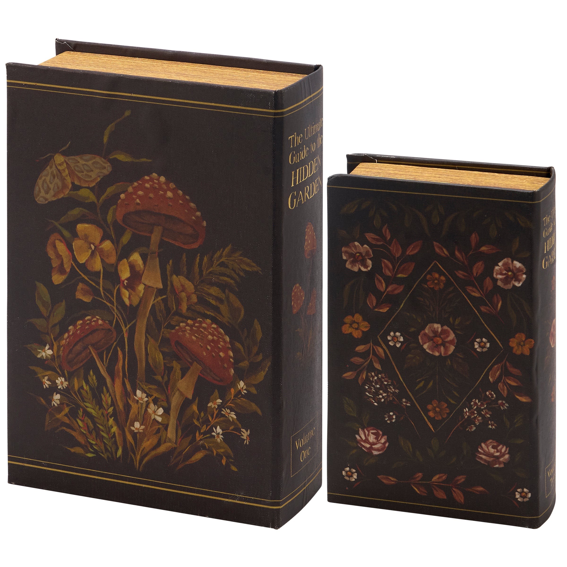 Hidden Garden Book Box Set of 2 | Decorative Vintage Book Mushrooms & Florals Design Storage Organizer