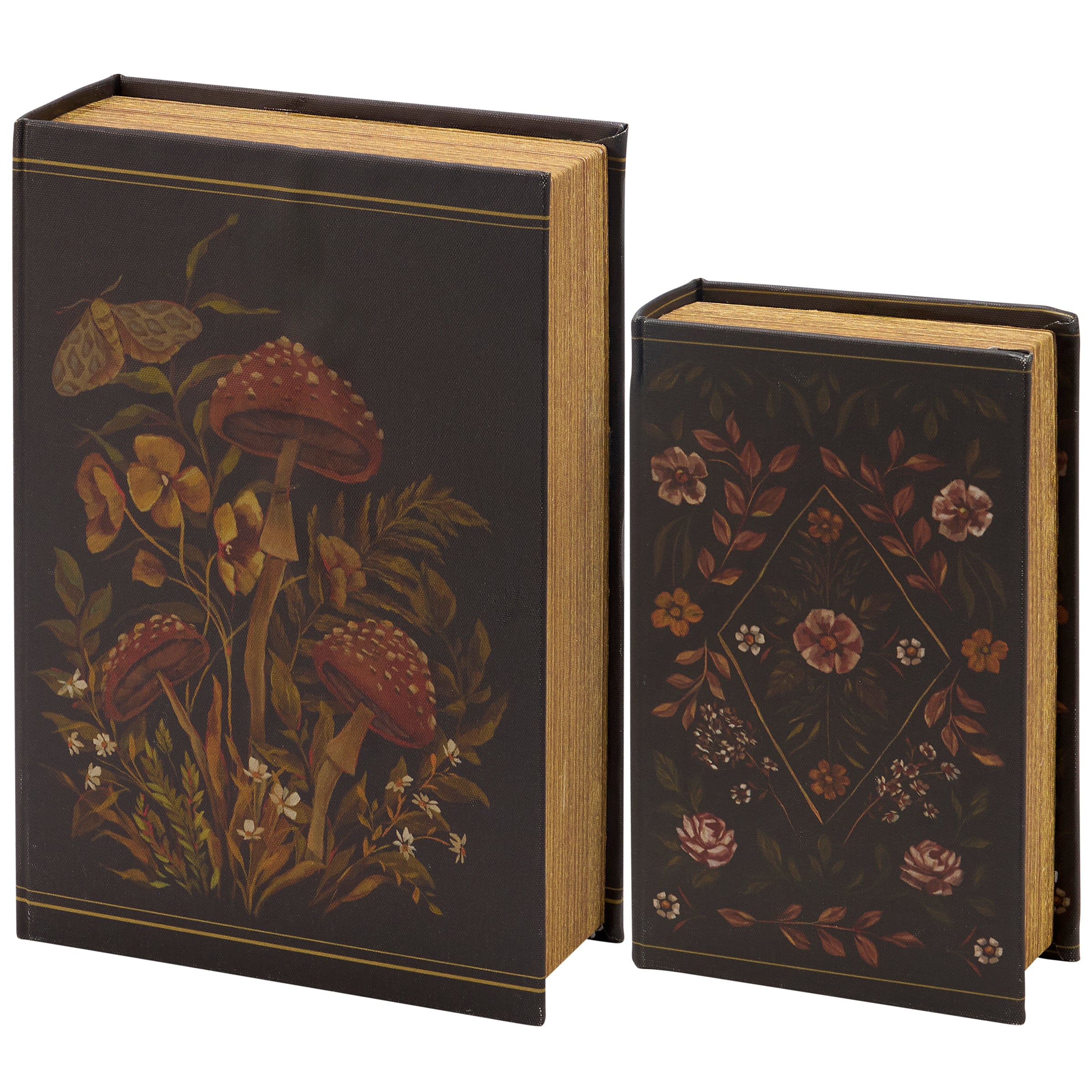 Hidden Garden Book Box Set of 2 | Decorative Vintage Book Mushrooms & Florals Design Storage Organizer