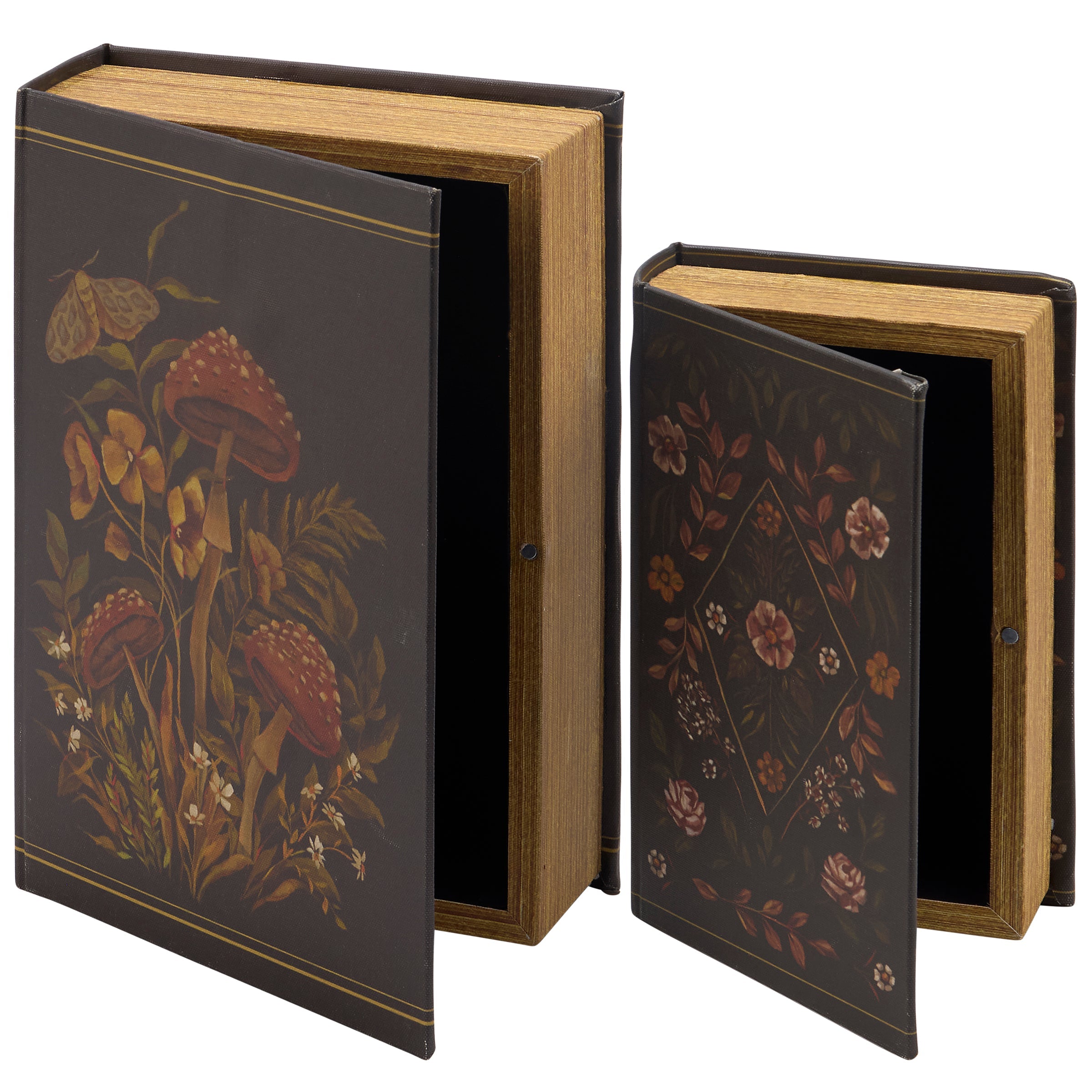 Hidden Garden Book Box Set of 2 | Decorative Vintage Book Mushrooms & Florals Design Storage Organizer