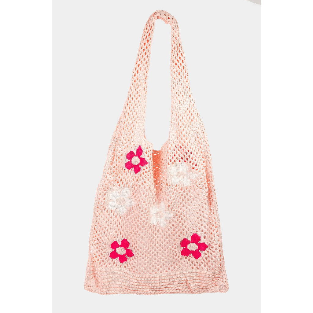 Hippie Boho Knitted Flower Tote | Floral Print Soft Shoulder Bag in Groovy Pink
