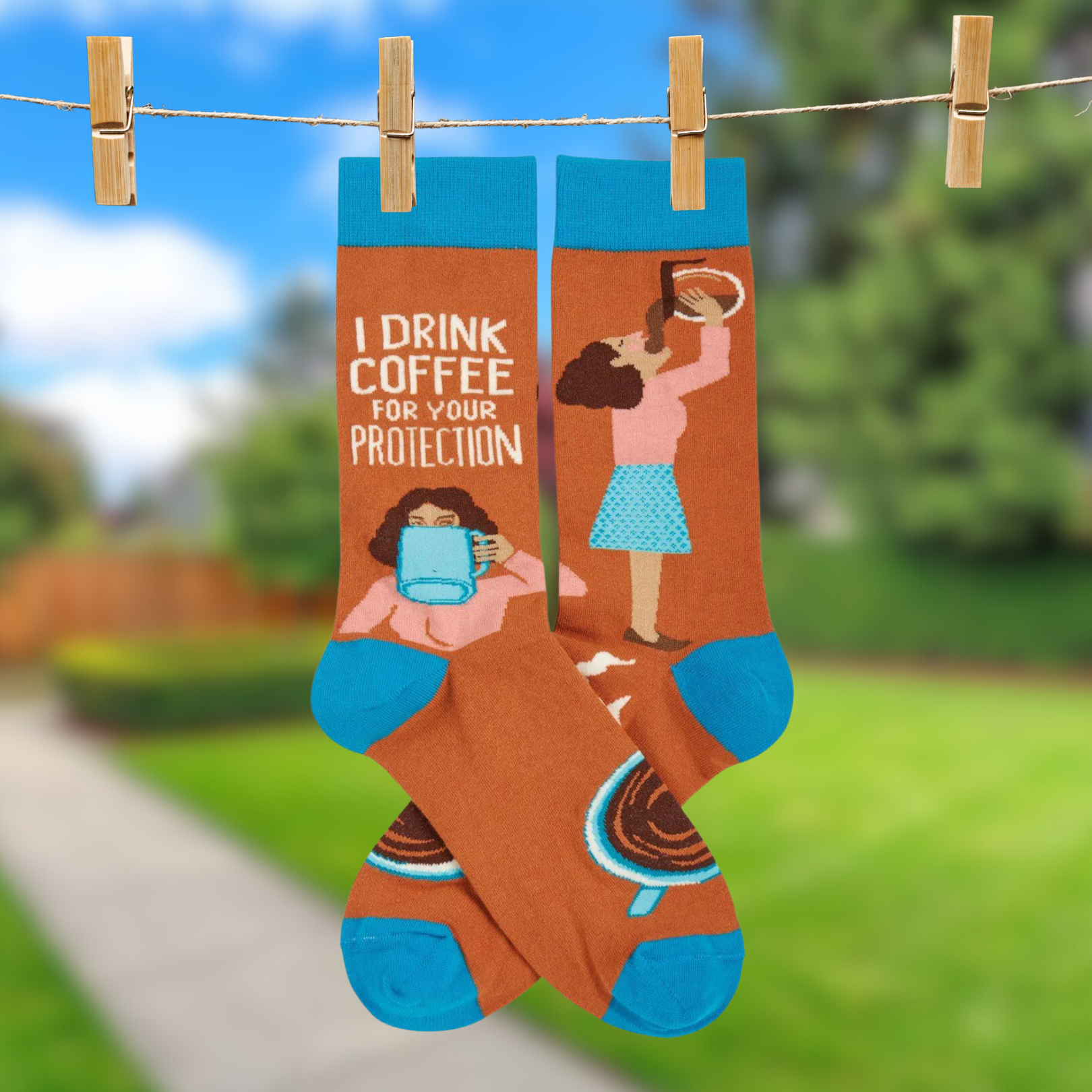 I Drink Coffee For Your Protection Funny Socks in Aqua Blue and Brown | Unisex