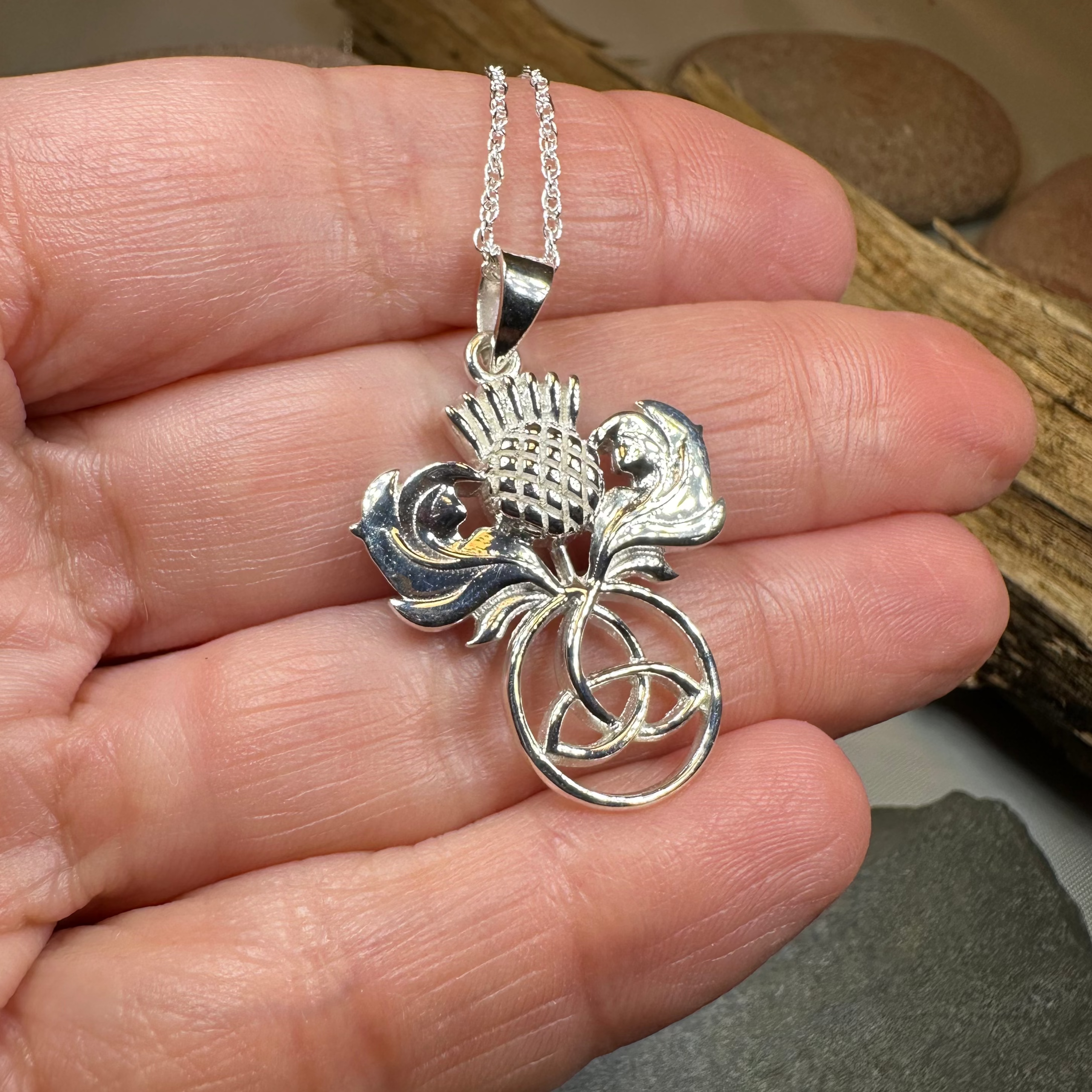 Scottish Thistle Trinity Knot Necklace in Sterling Silver