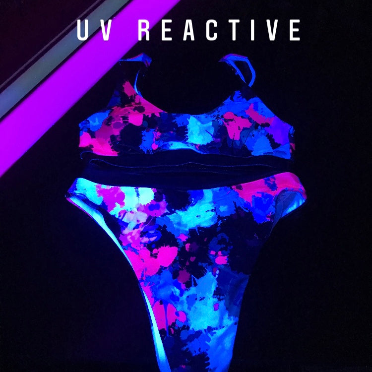 Pink and Blue Paint Splatter Sport Top & High-Waisted Bikini Swimsuit / Rave Set | UV Blacklight Reactive