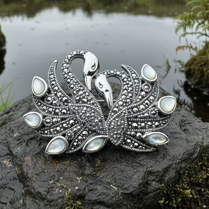 Children of Lir Marcasite Swan Brooch in Sterling Silver