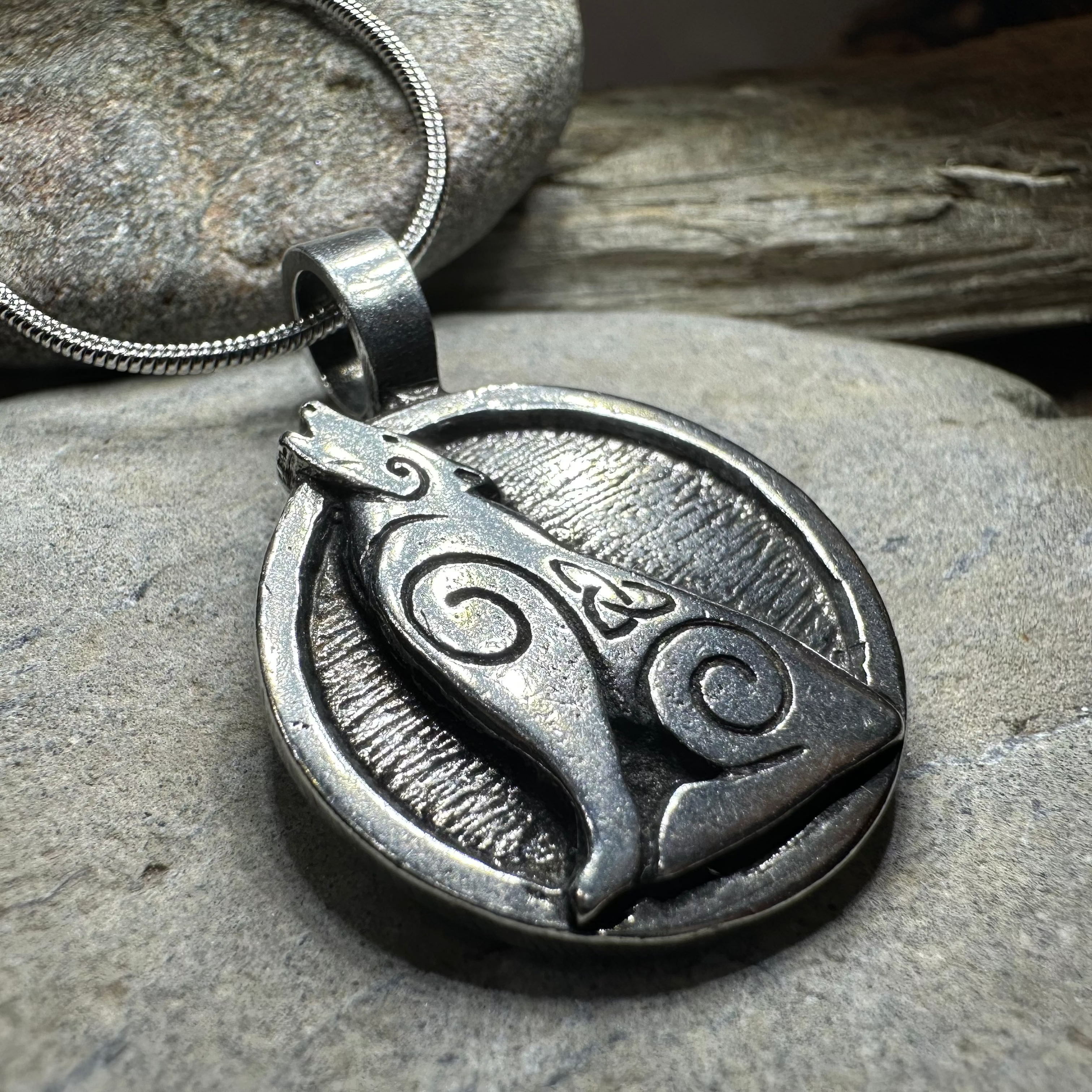 Celtic Howling Wolf Pewter Necklace with Trinity Knot