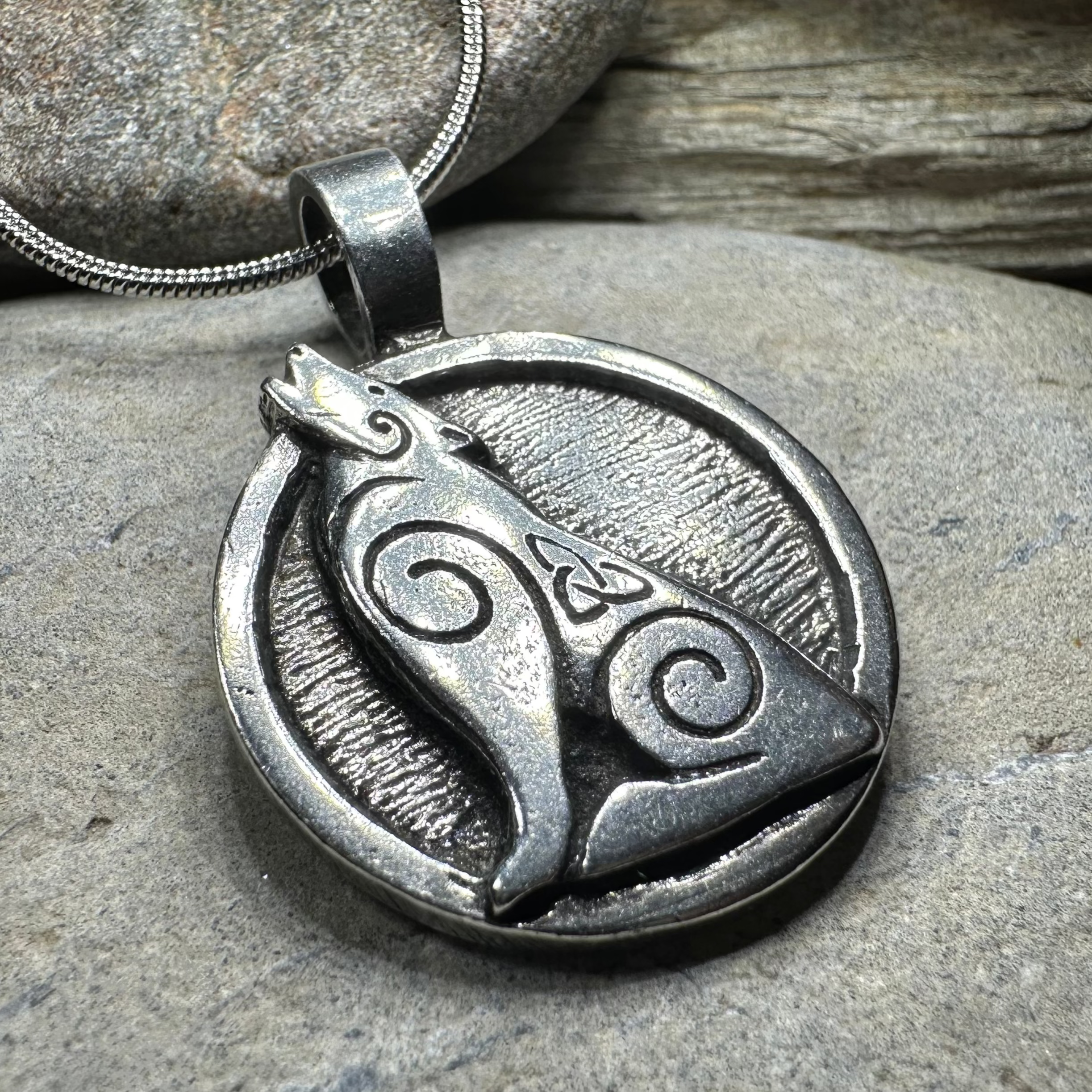 Celtic Howling Wolf Pewter Necklace with Trinity Knot