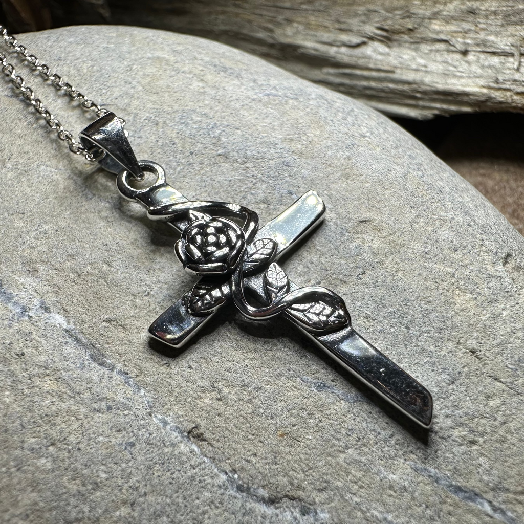 Faithful Rose Cross Necklace in Sterling Silver