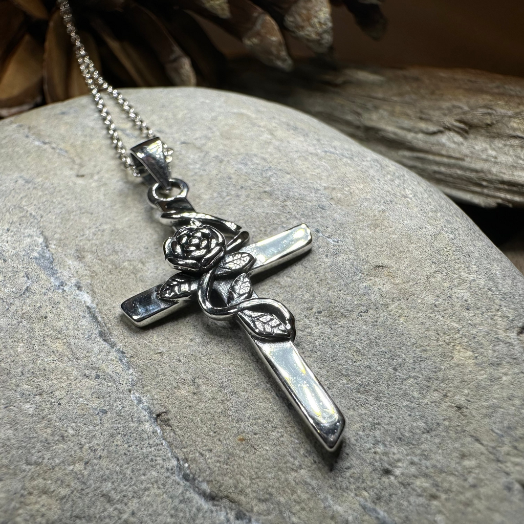 Faithful Rose Cross Necklace in Sterling Silver
