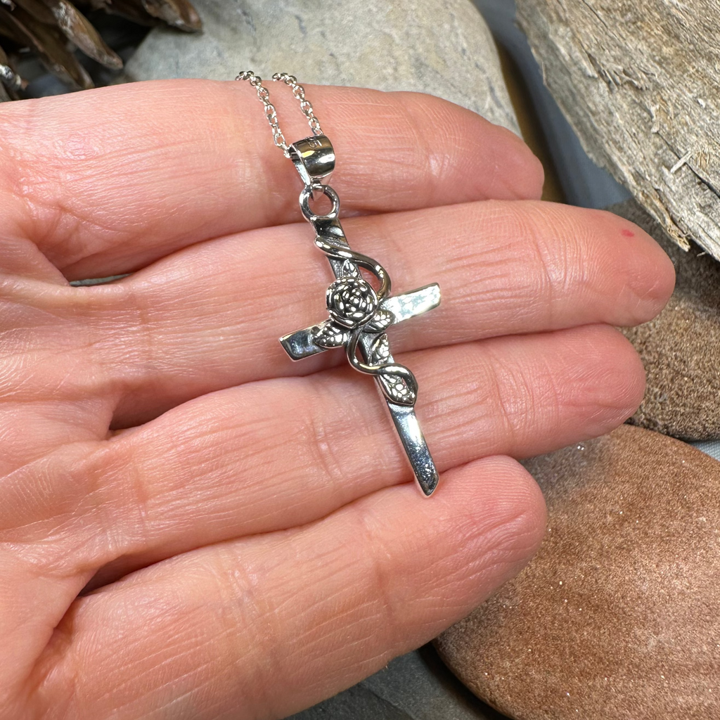 Faithful Rose Cross Necklace in Sterling Silver