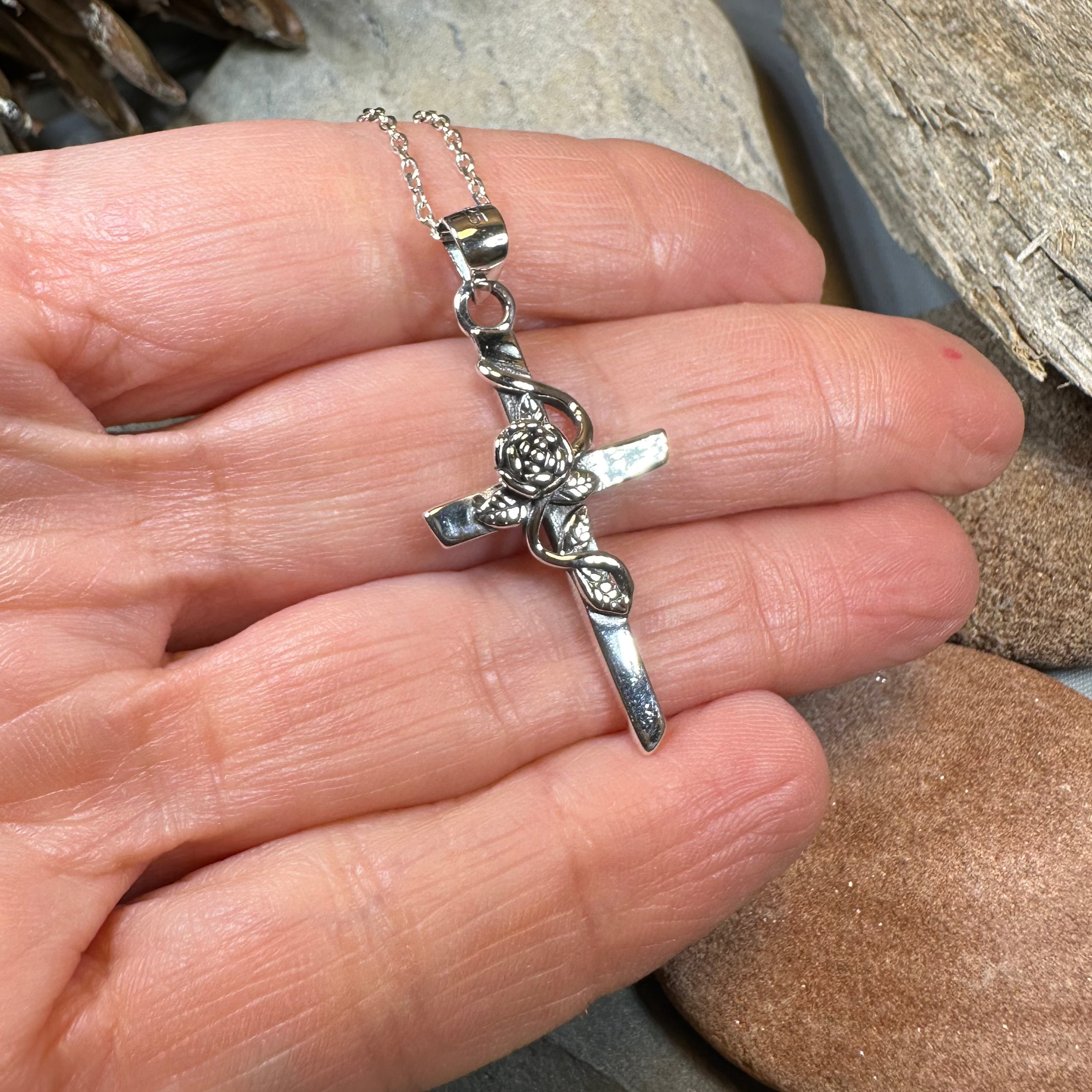 Faithful Rose Cross Necklace in Sterling Silver