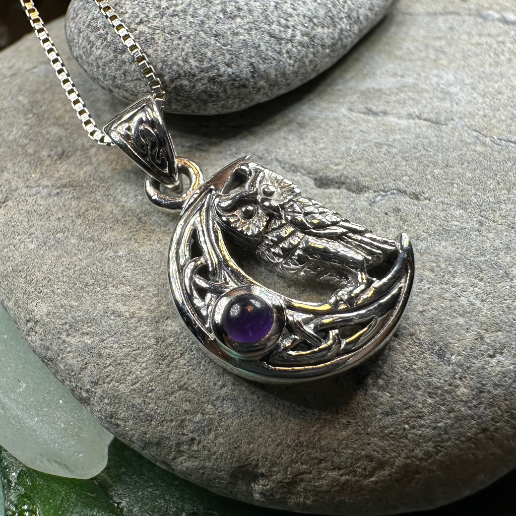 Owl Crescent Moon Necklace in Sterling Silver