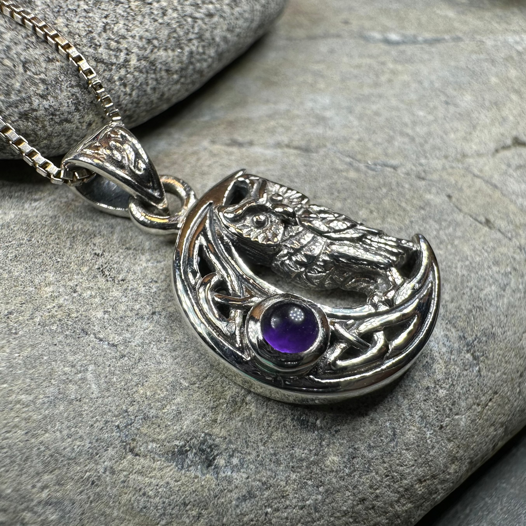 Owl Crescent Moon Necklace in Sterling Silver
