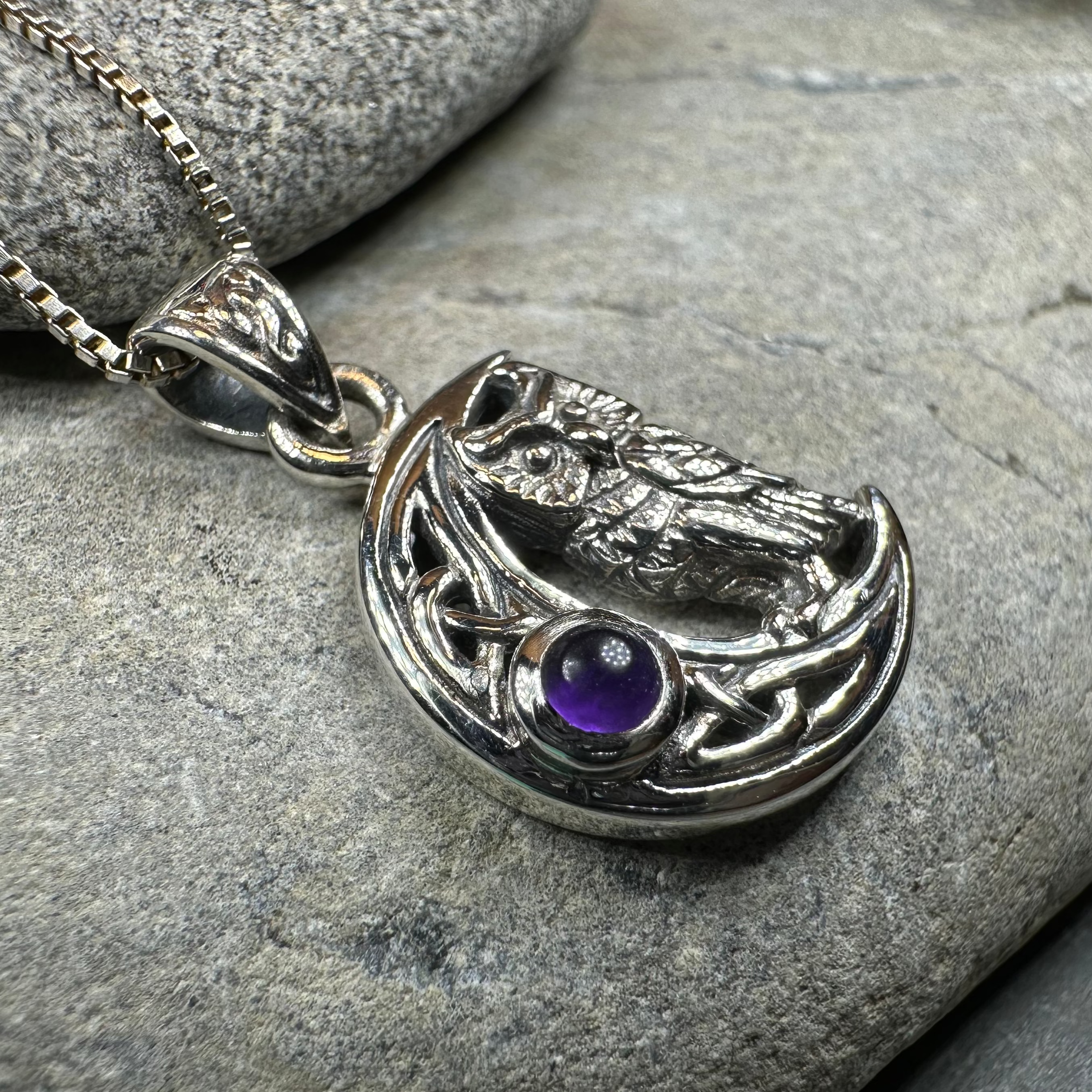 Owl Crescent Moon Necklace in Sterling Silver